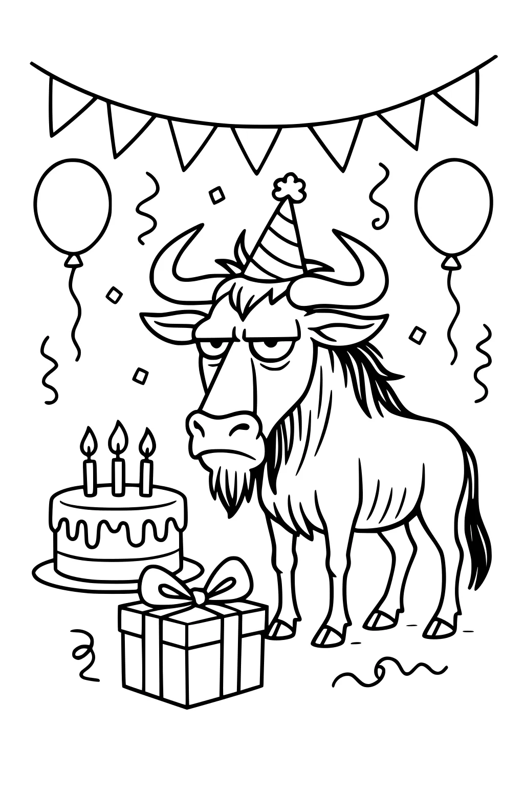 Grumpy wildebeest in a striped party hat beside a cake with three candles, a gift, balloons, bunting, streamers, and confetti.