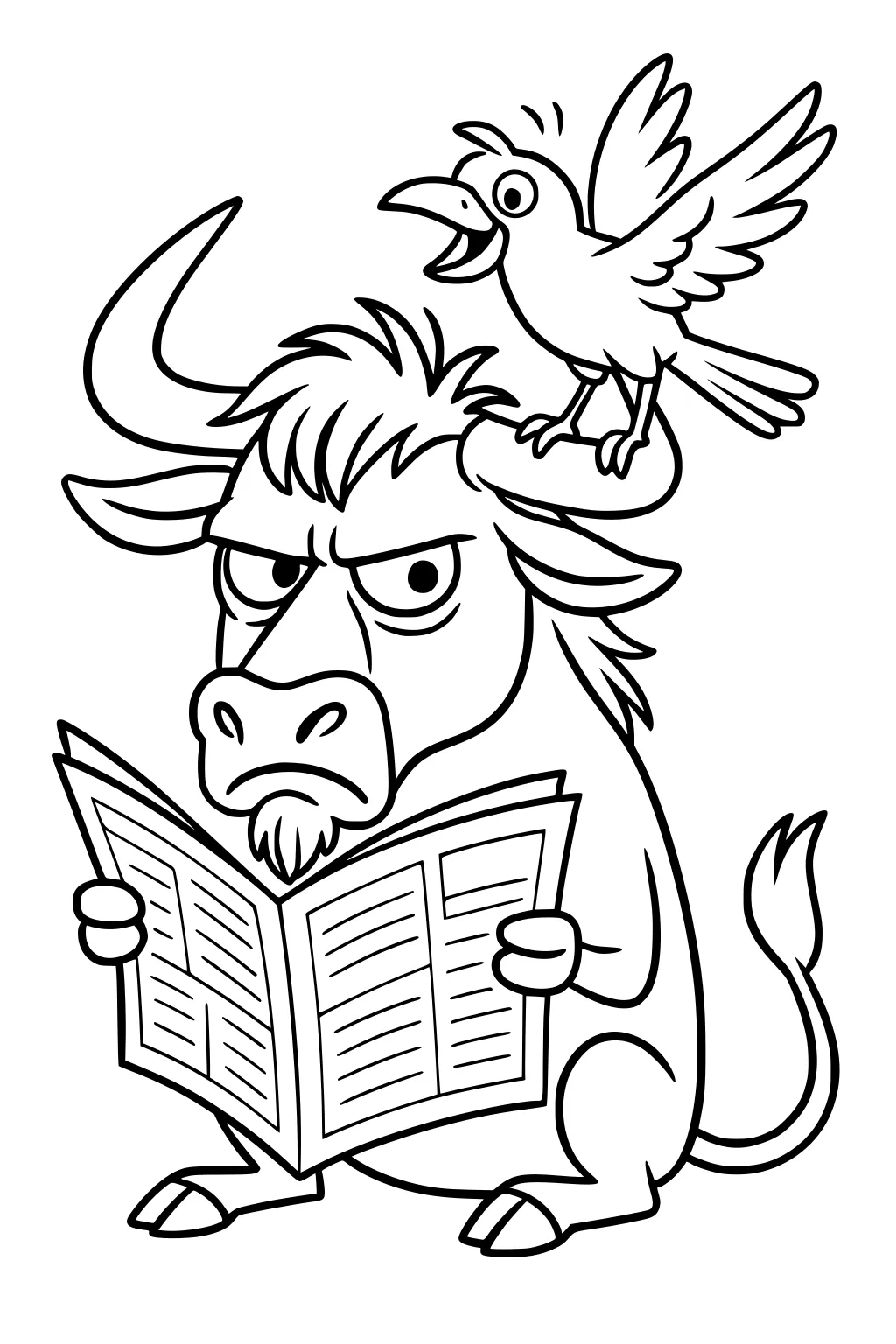 Cartoon wildebeest reads a newspaper as a chirping bird perches on his horn, wings spread; shaggy mane, curved horns, curled tail.