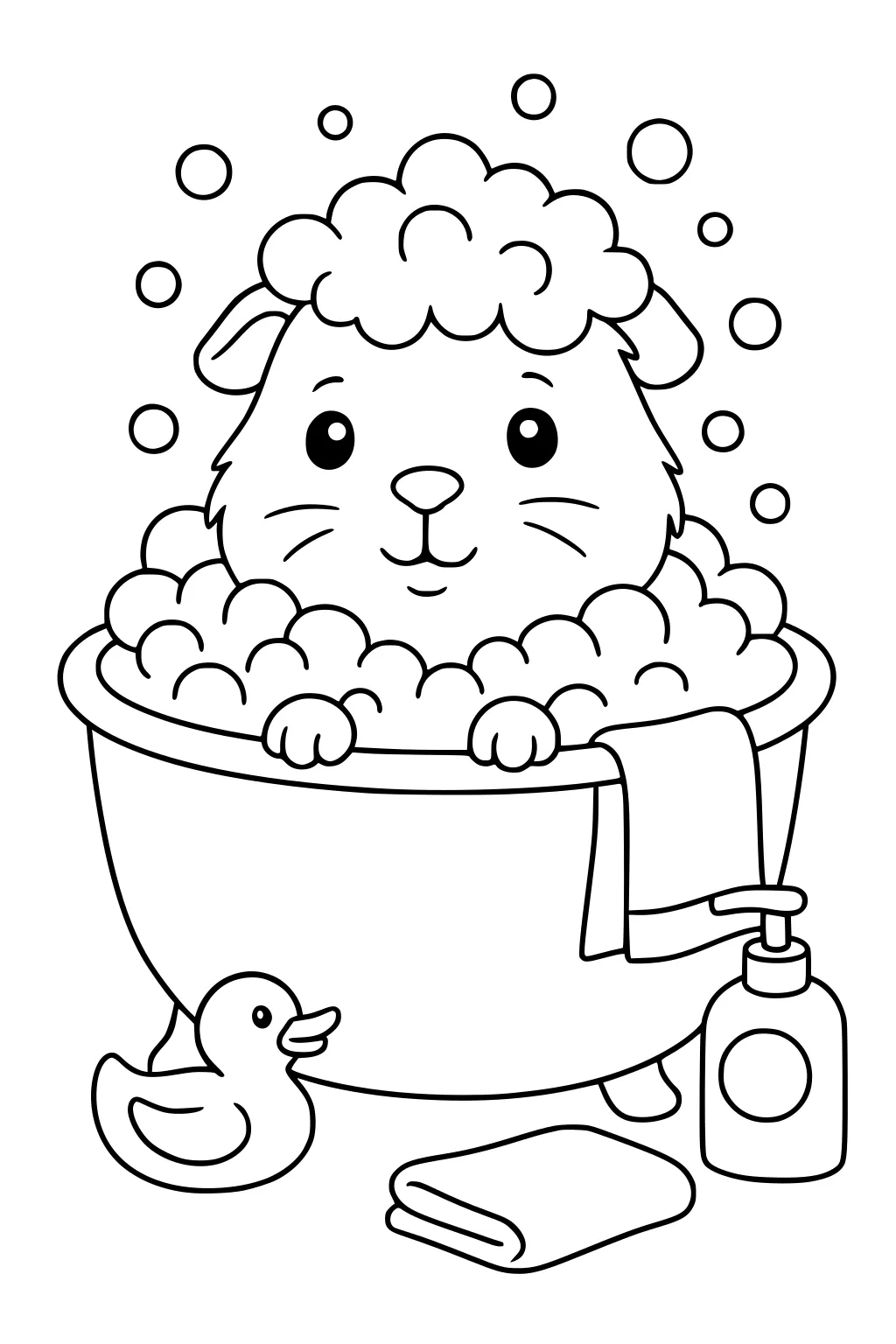 Guinea pig in a bubble bath with a rubber duck, soap bottle, towel on the tub, and another towel on the floor.