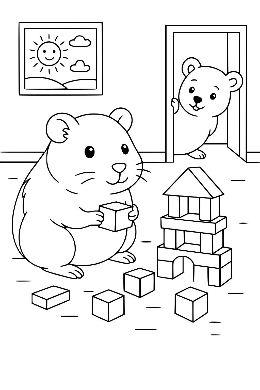Guinea pig holding a block near a block tower, with another guinea pig peeking through a doorway and a sunny wall picture.