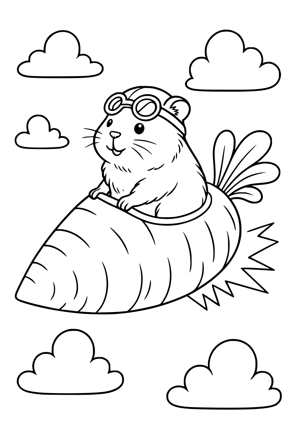Guinea pig with goggles riding a carrot rocket through clouds in the sky.