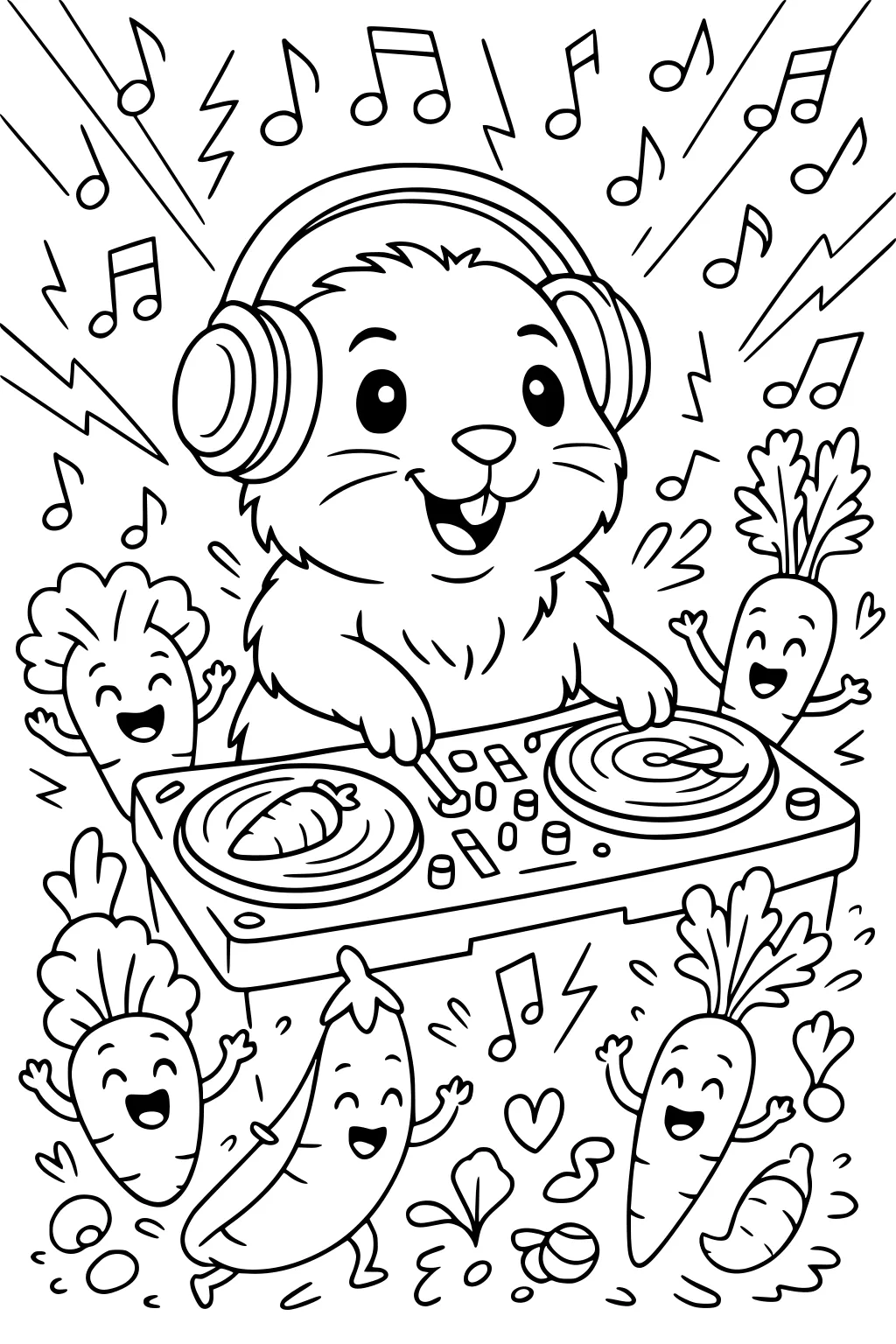 Guinea pig DJ at turntables with headphones, carrots and banana dancing, music notes and lightning bolts in background.