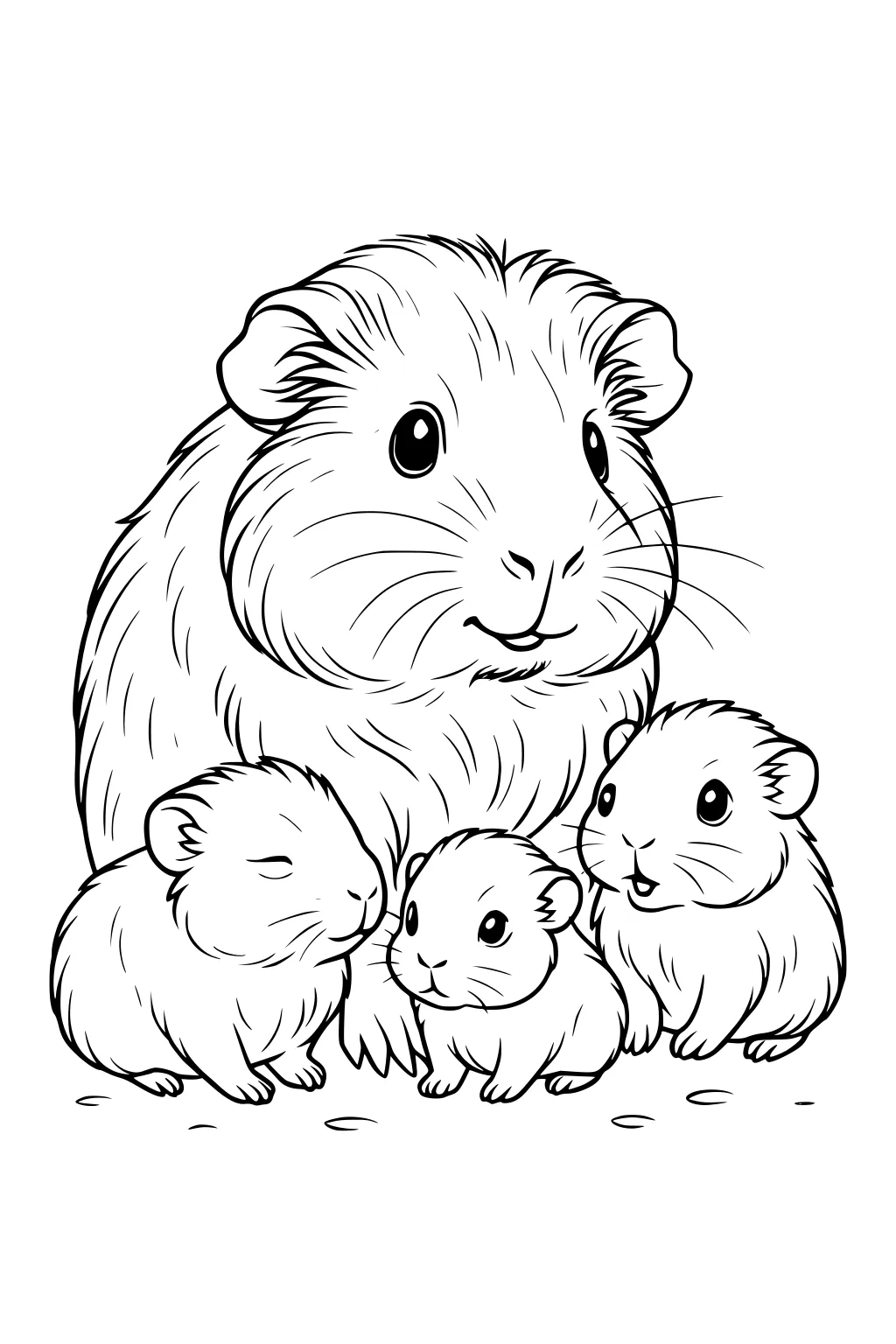 Large guinea pig sitting with three baby guinea pigs close together on the ground.