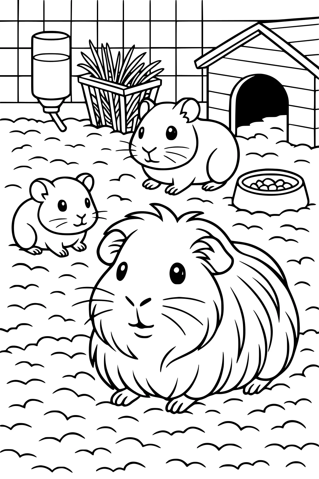 Three guinea pigs in a pen, with bedding, hay, a food bowl, water bottle, and a small wooden house in the background.
