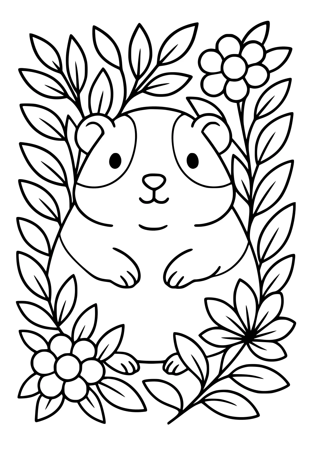 Guinea pig sitting among leafy stems and three big flowers.