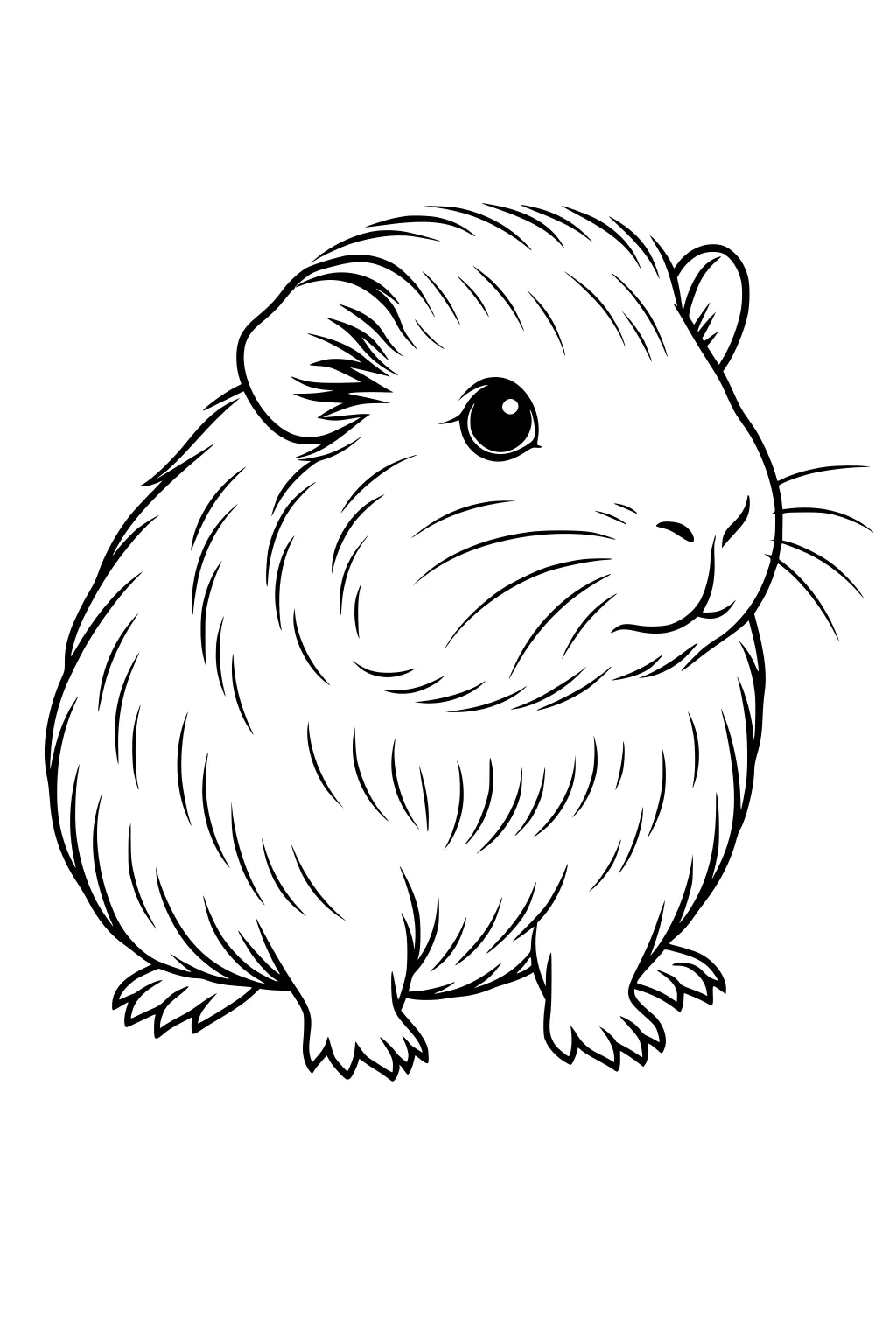 Simple cartoon guinea pig sitting with fluffy fur and round body, facing forward with large black eye.