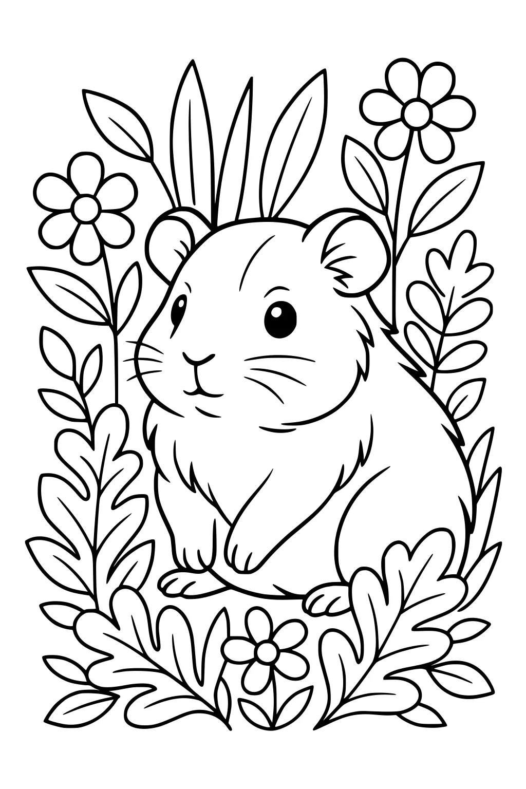 Guinea pig sitting among large leaves and five-petal flowers with rounded petals and simple stems.