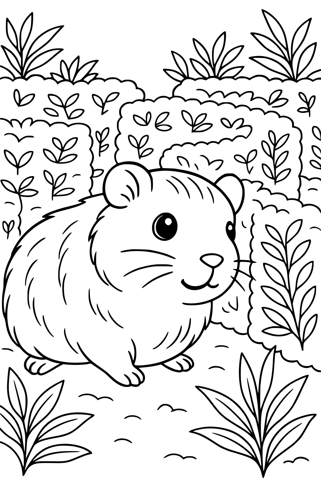 Guinea pig sits on ground with bushes and leafy plants in background, drawn in black outlines for coloring.