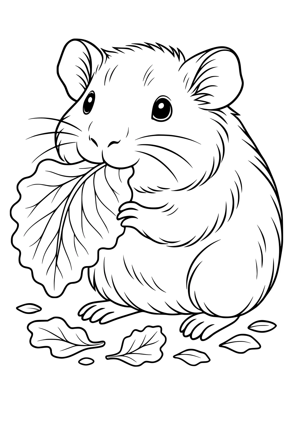 Plump guinea pig nibbling a large leaf with smaller leaves scattered on the ground.