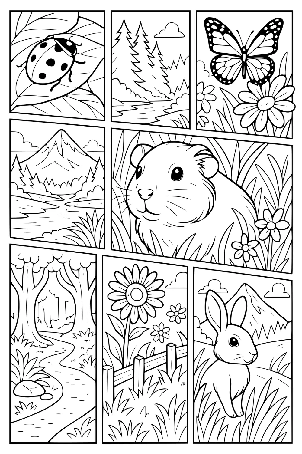 Guinea pig in grass with ladybug, butterfly, bunny, flowers, trees, and mountain scenes in separate panels.