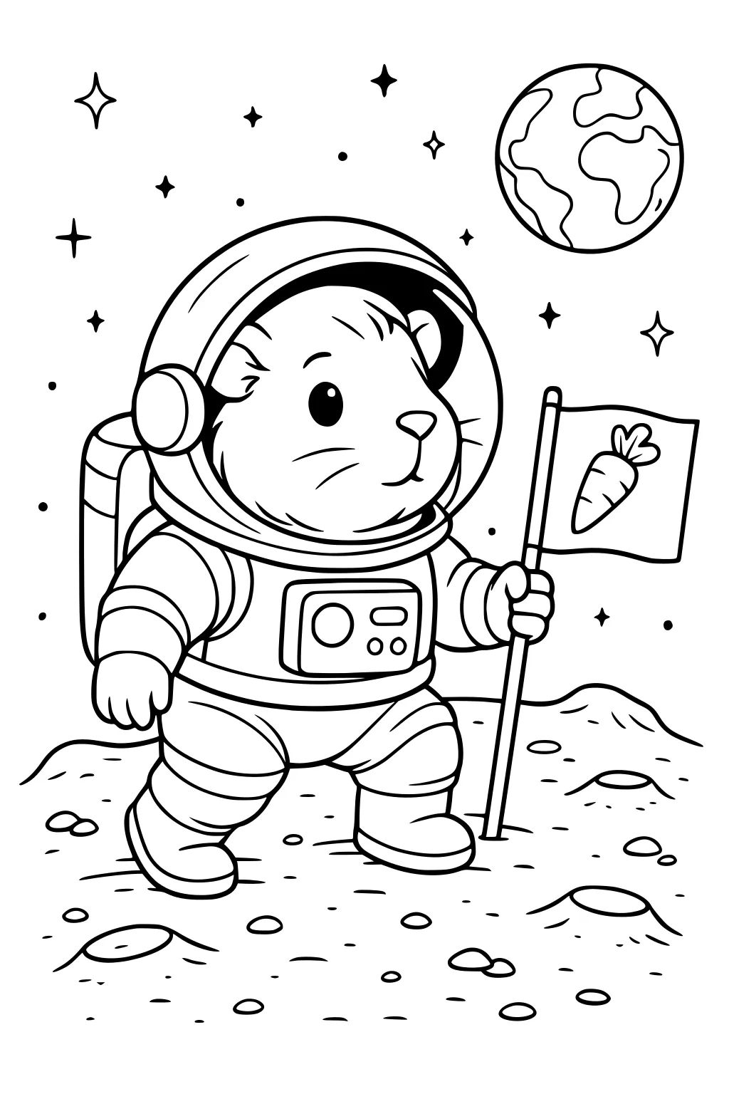 Guinea pig in a space suit holding a carrot flag on the moon with stars and planet Earth in the background.