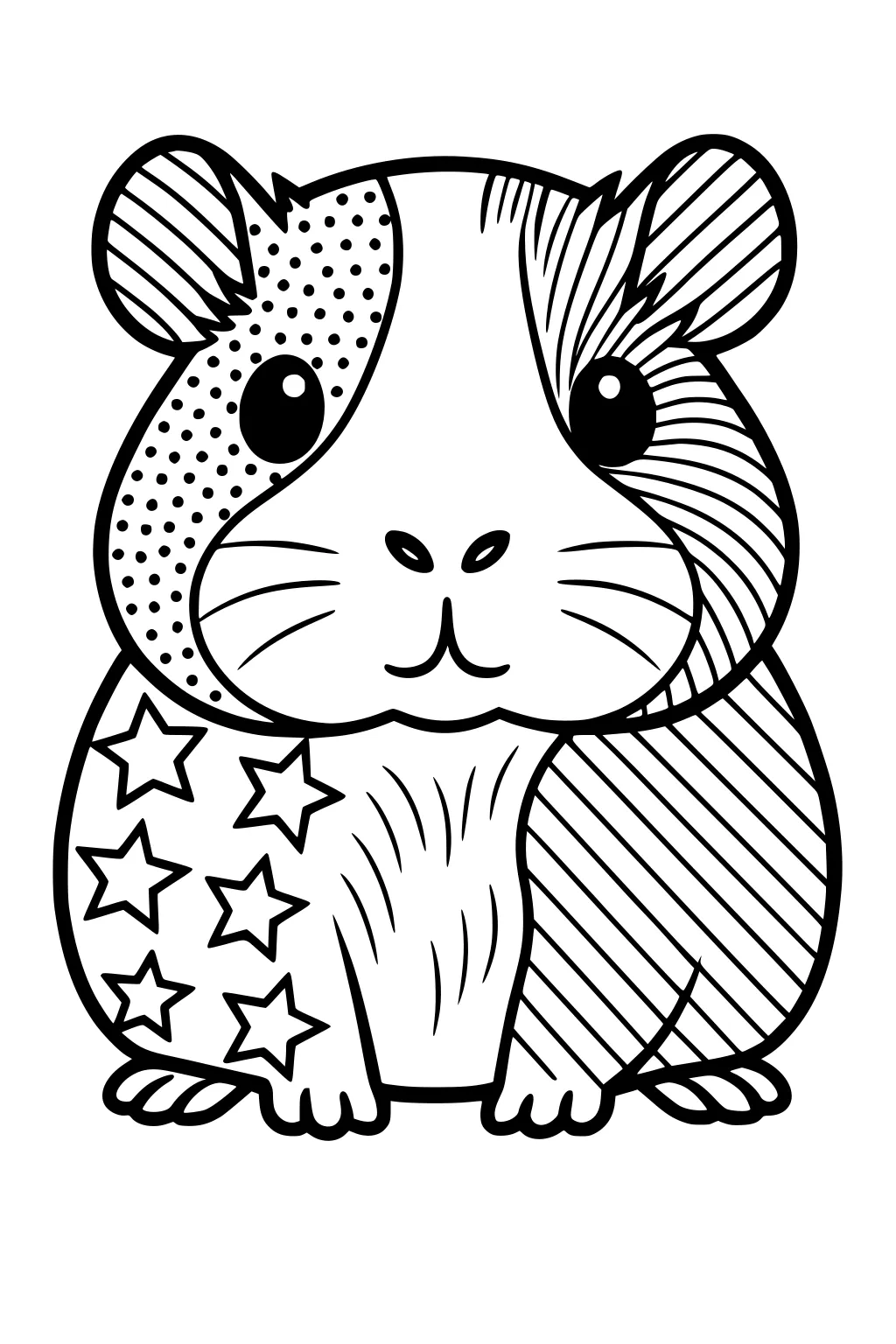 Guinea pig with stripes, dots, and stars on its fur, big eyes, and round body sitting facing forward.