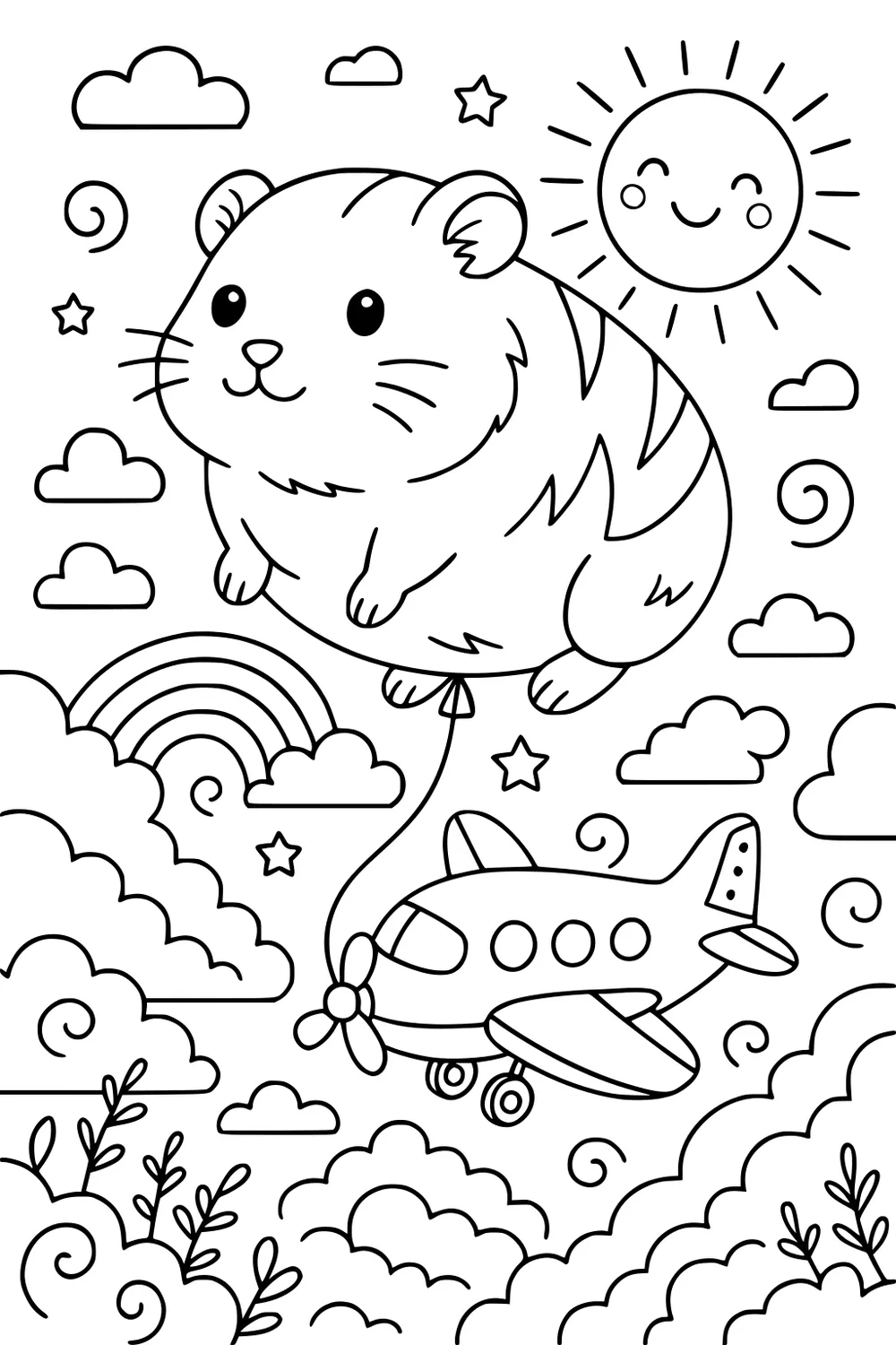 Guinea pig floating above clouds tied to an airplane, with rainbow, smiling sun, stars, and swirly clouds in the sky.