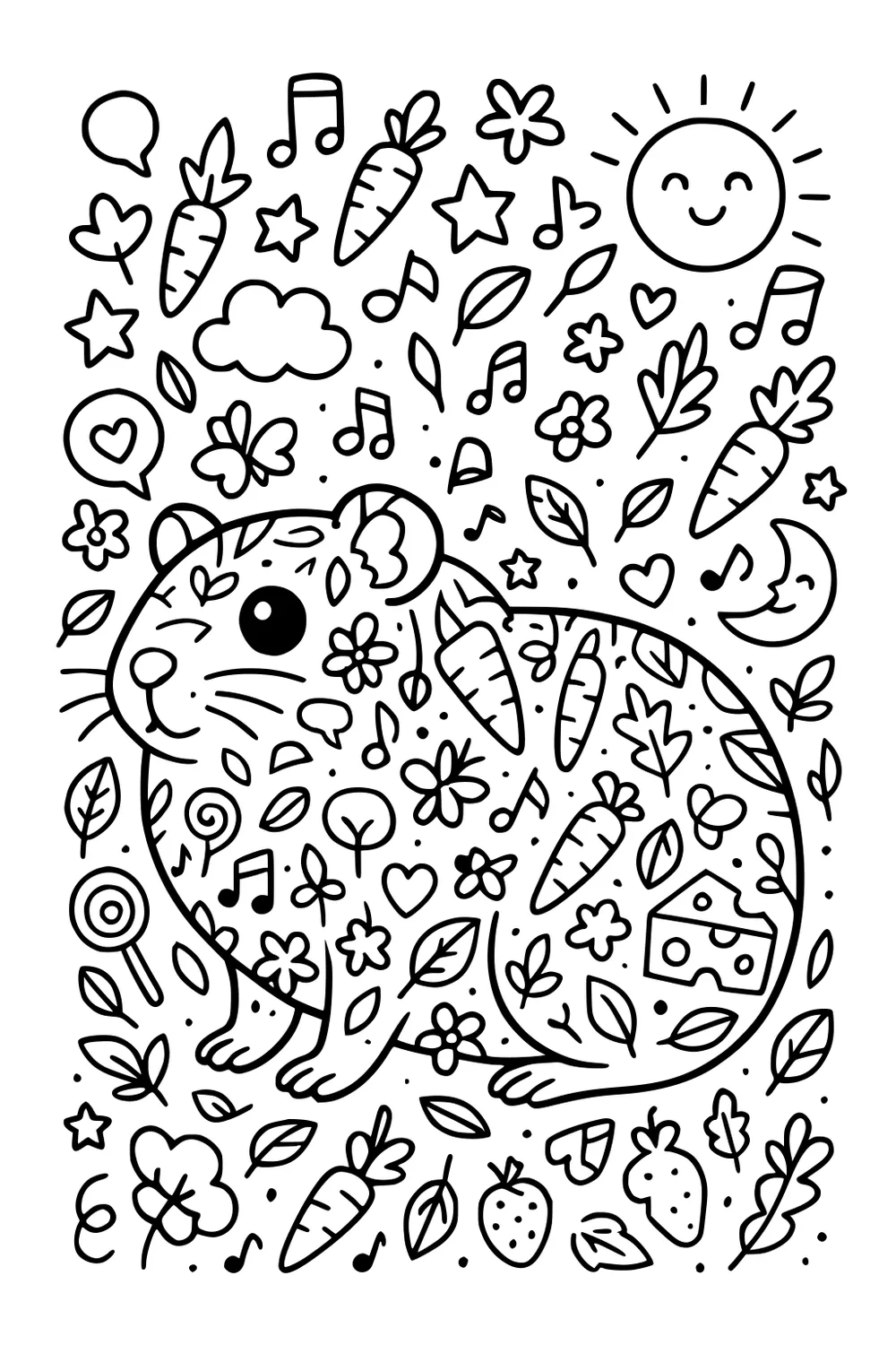 Guinea pig with carrots, cheese slice, strawberries, flowers, leaves, musical notes, smiling sun, moon, and stars.