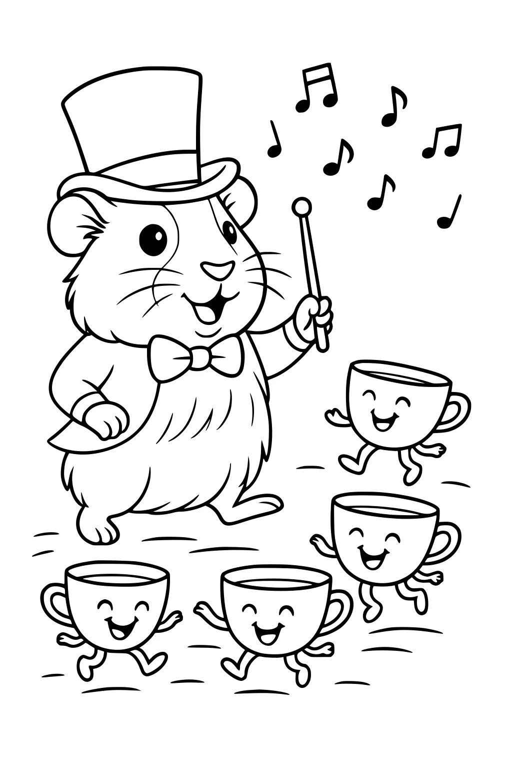 Guinea pig in top hat conducting smiling teacups with musical notes overhead