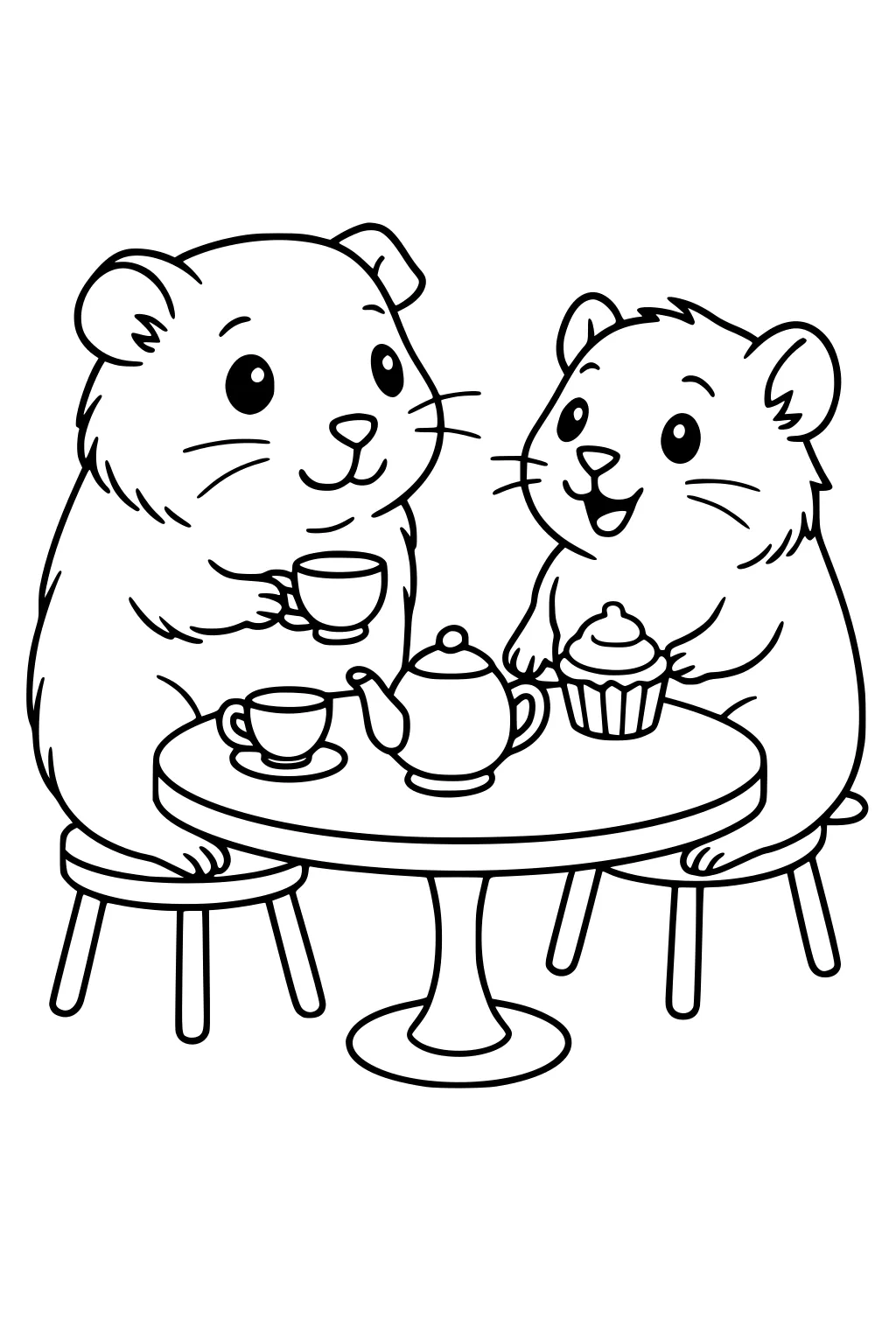 Two guinea pigs have tea at a round table with a teapot, cups, and a cupcake. Both sit on stools, smiling at each other.