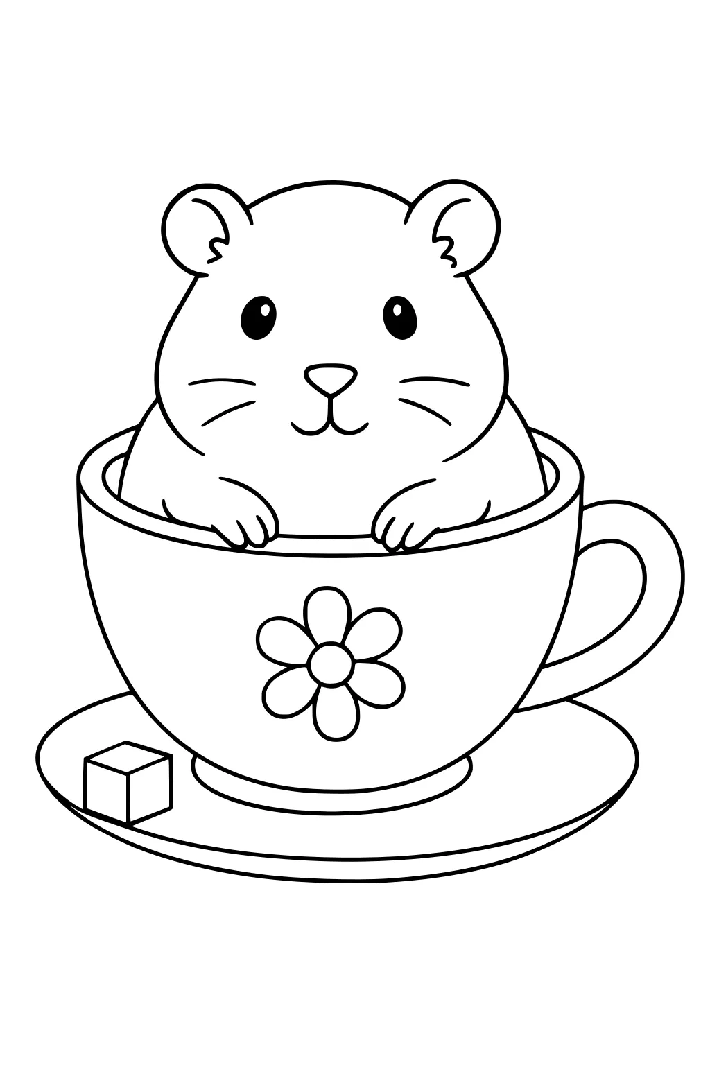 Guinea pig peeking out of a flower teacup on a saucer with a sugar cube beside it.
