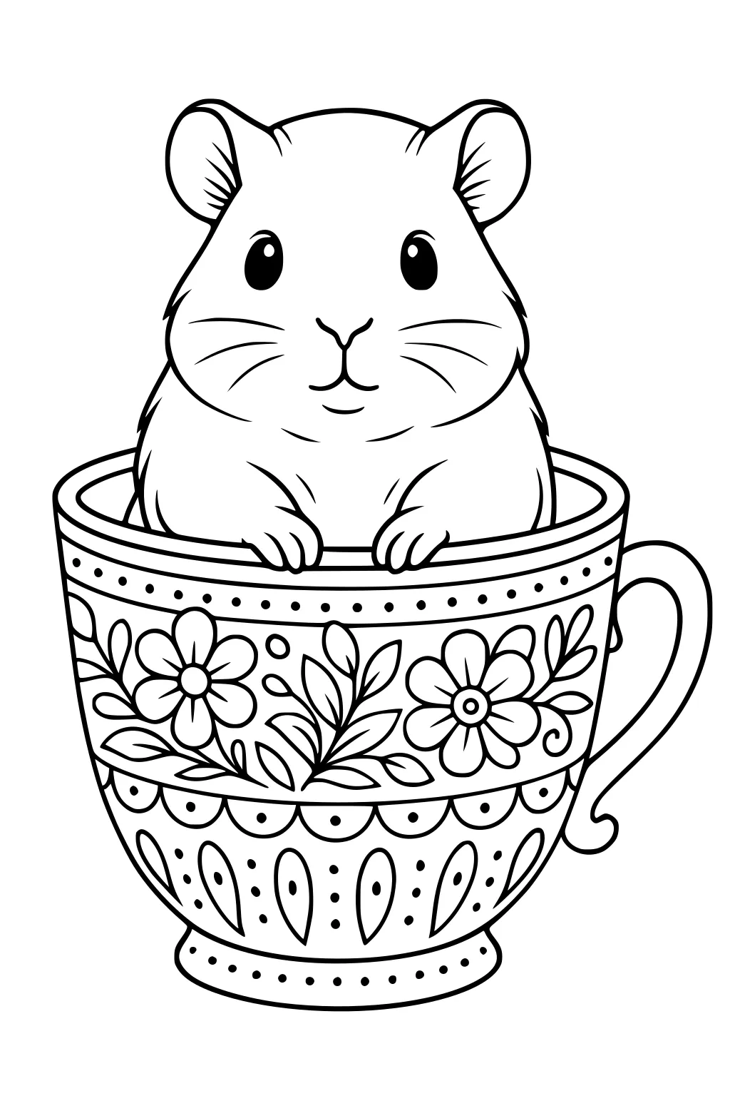 Guinea pig sitting in a teacup decorated with flowers and leaves, looking forward, with paws on the edge.