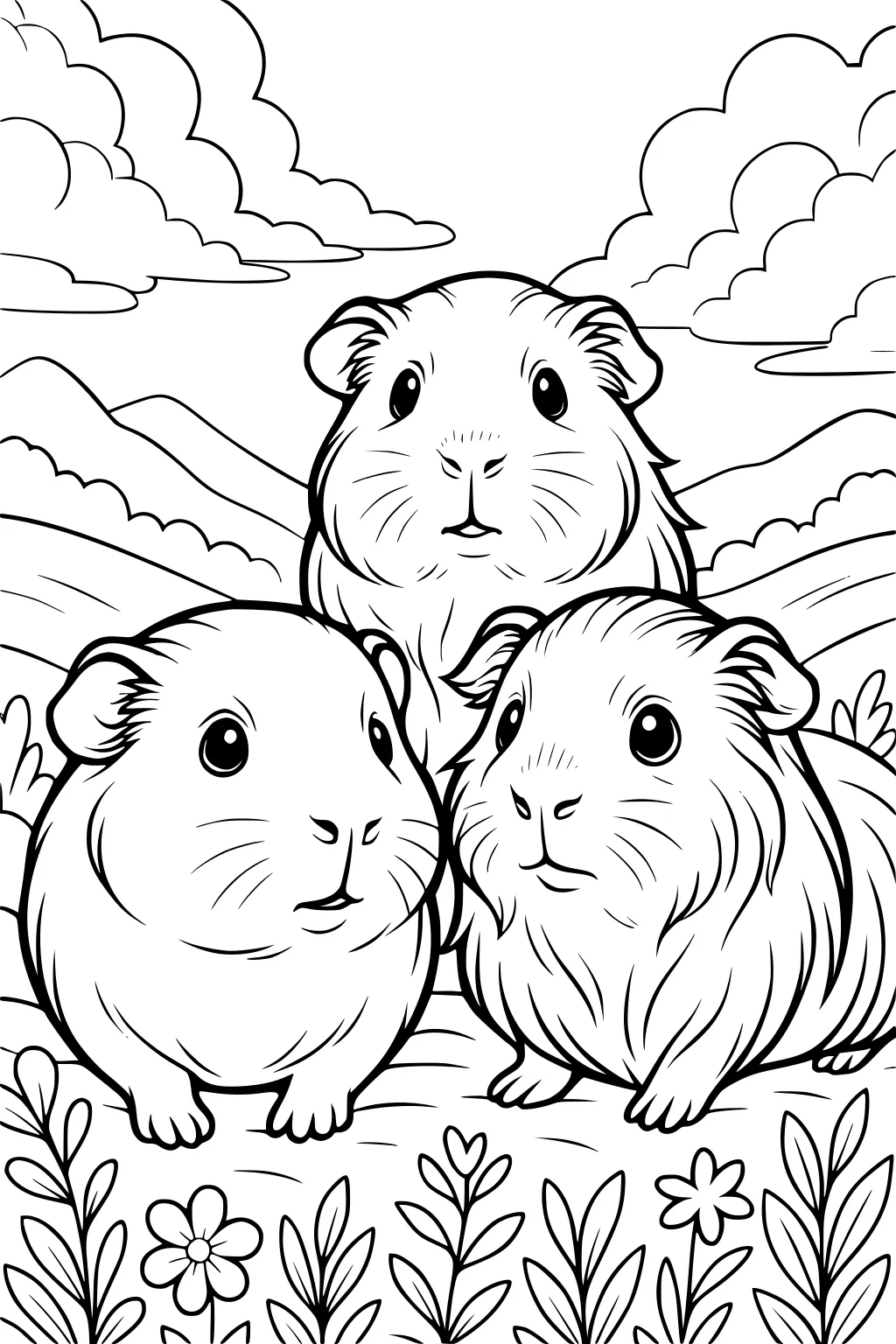 Three guinea pigs on grassy ground surrounded by flowers, mountains and fluffy clouds in the background.