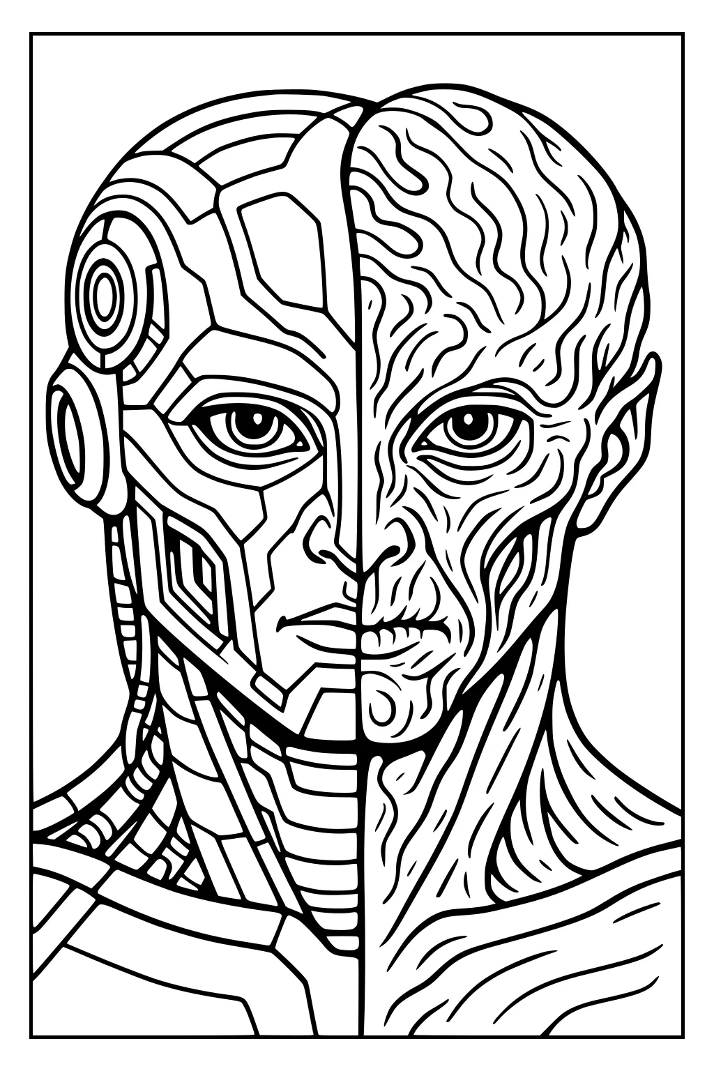 Split alien and robot face with big eyes; panels on left and wavy organic lines on right inside a rectangular border.