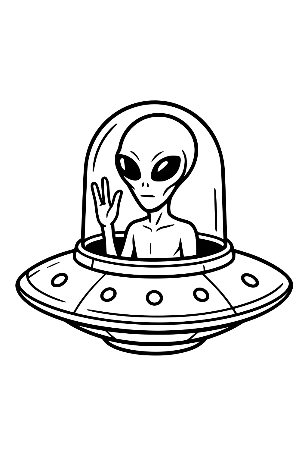 Alien with large black eyes waves from a dome-topped UFO with round portholes; simple line art with bold outlines.