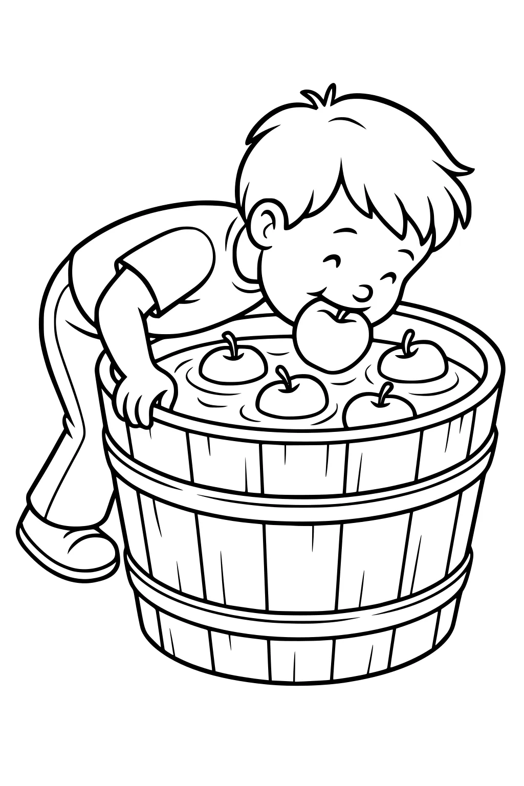 Boy bobbing for apples, biting one in a wooden barrel of water, apples float, eyes closed, smiling, one hand gripping the rim.