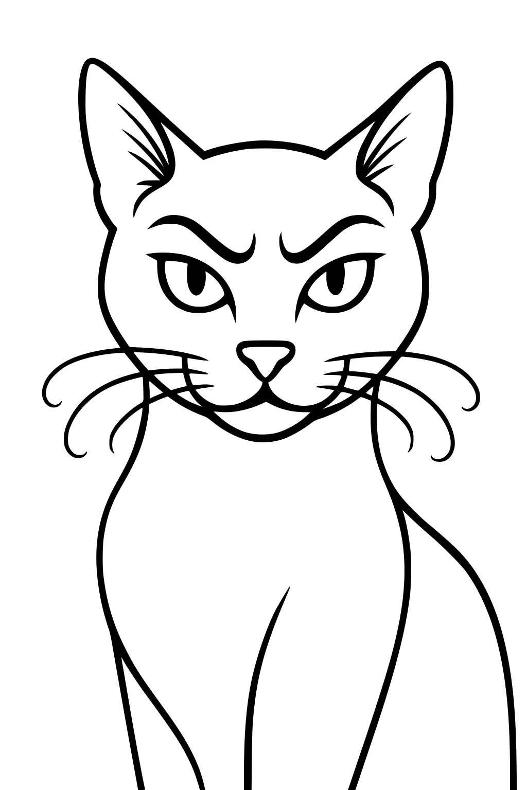 Bold outline of a stern cat with upright ears, sharp eyes, and long curling whiskers; front view, simple Halloween line art.