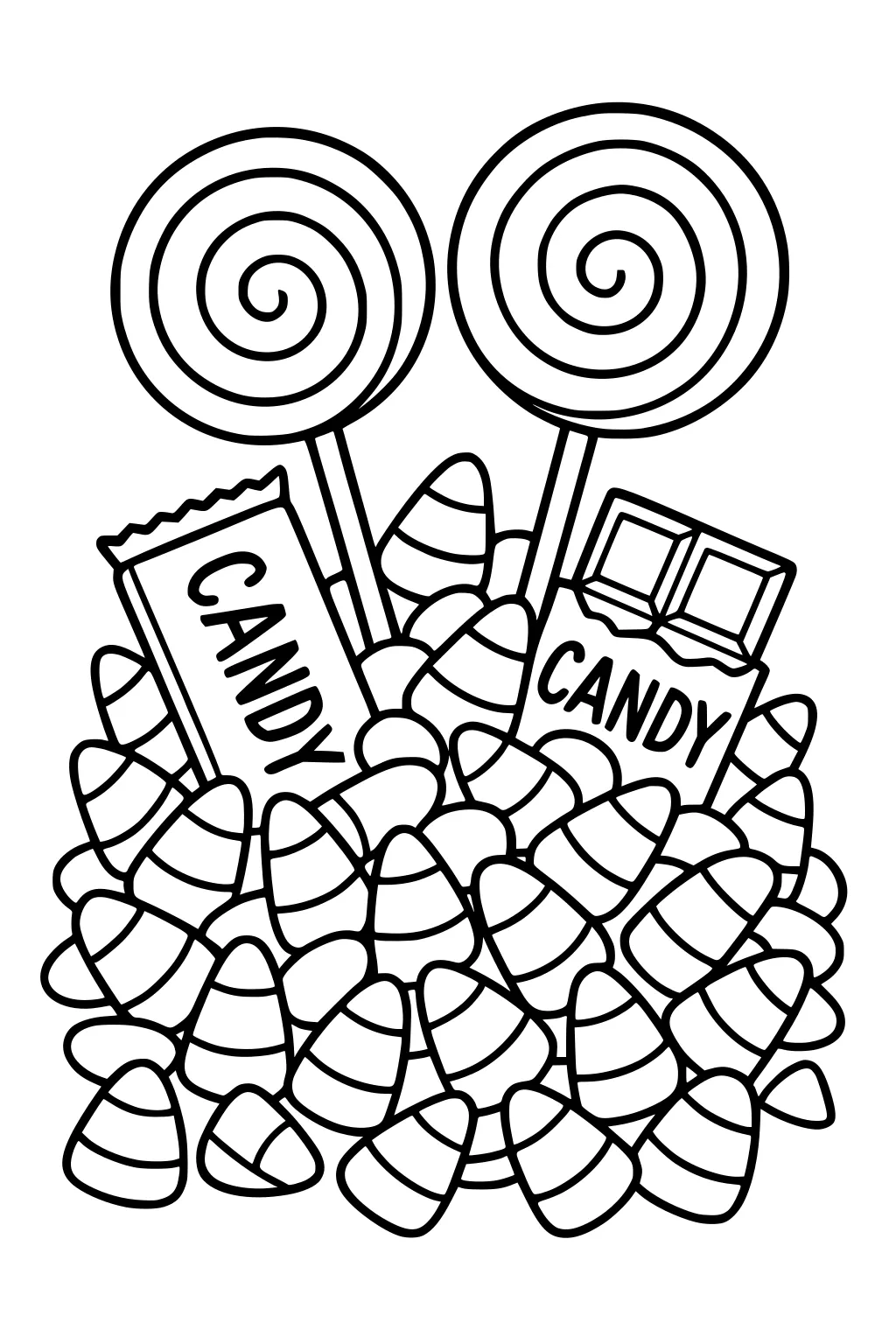 Halloween candy pile with two spiral lollipops, heaps of candy corn, and two candy bars, one unwrapped to show chocolate squares.