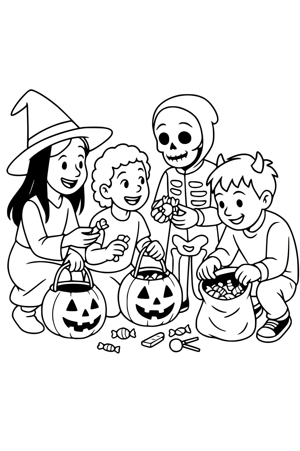 Witch girl, curly-haired boy, skeleton boy, and horned boy sorting candy with jack-o'-lantern buckets and a sack.
