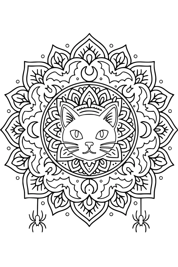 Moonlit Cat Mandala With Spiders