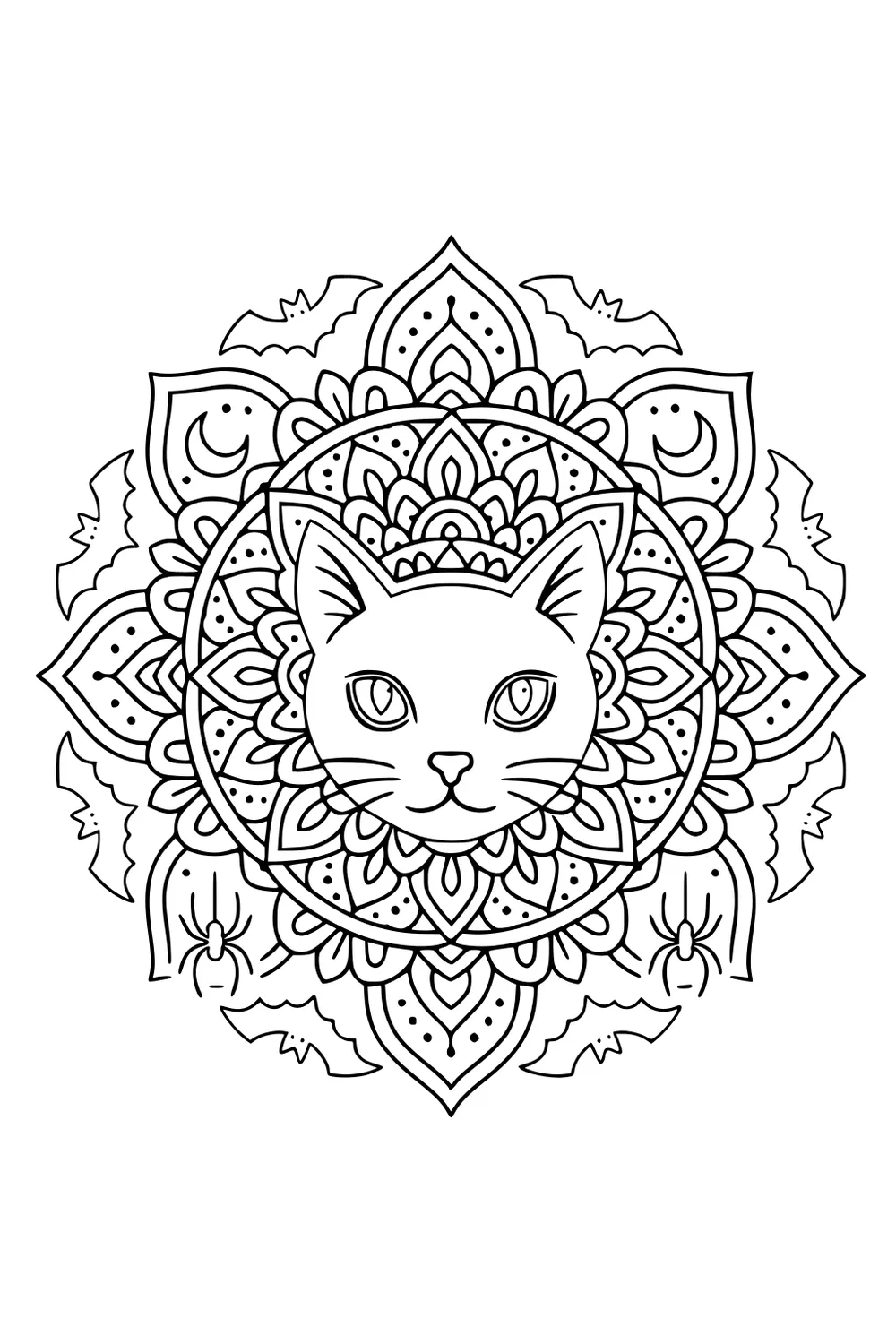 Cat face in a mandala with layered petals, crescent moons, four bats, and two spiders forming a circular Halloween design.