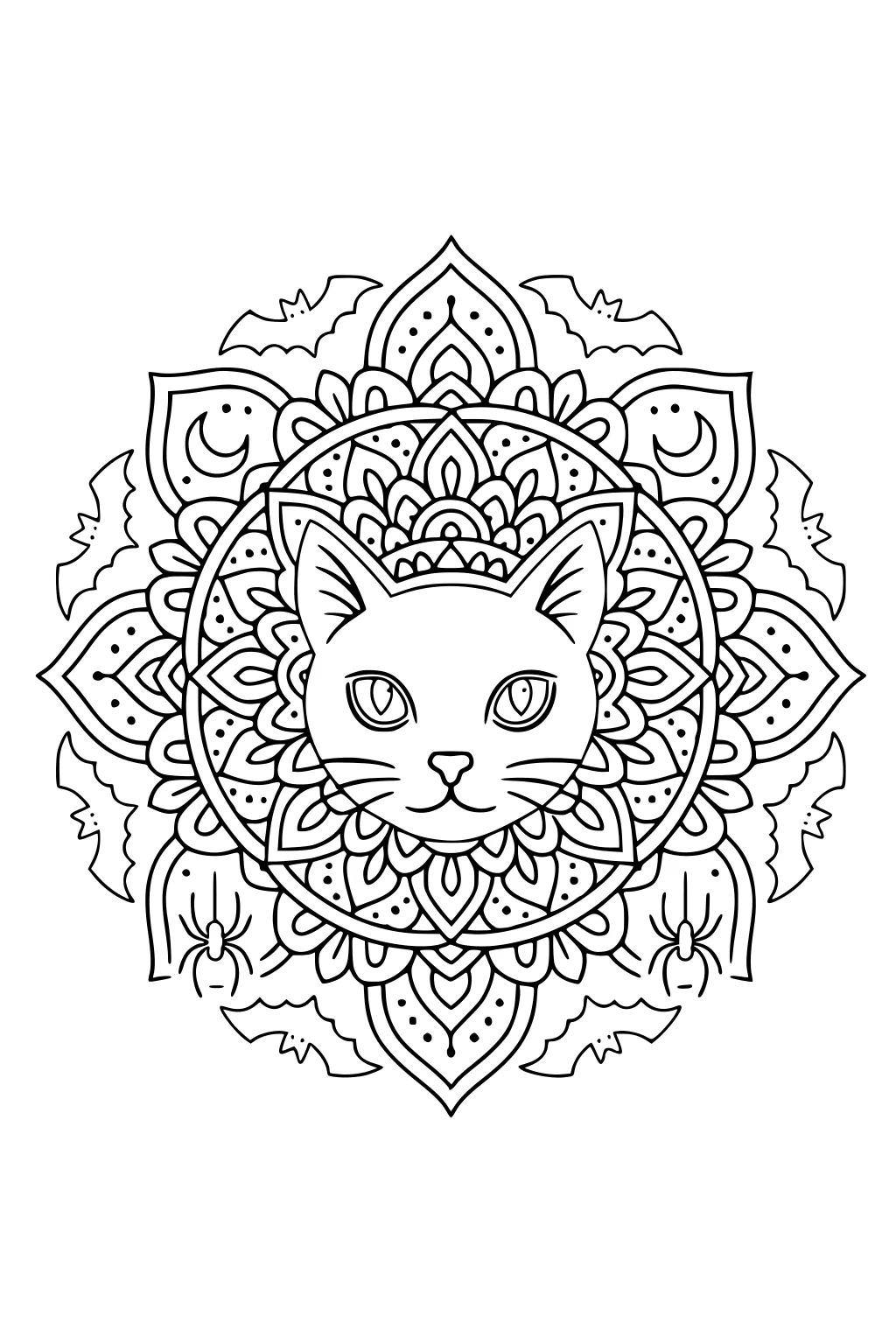 Cat face in a mandala with layered petals, crescent moons, four bats, and two spiders forming a circular Halloween design.