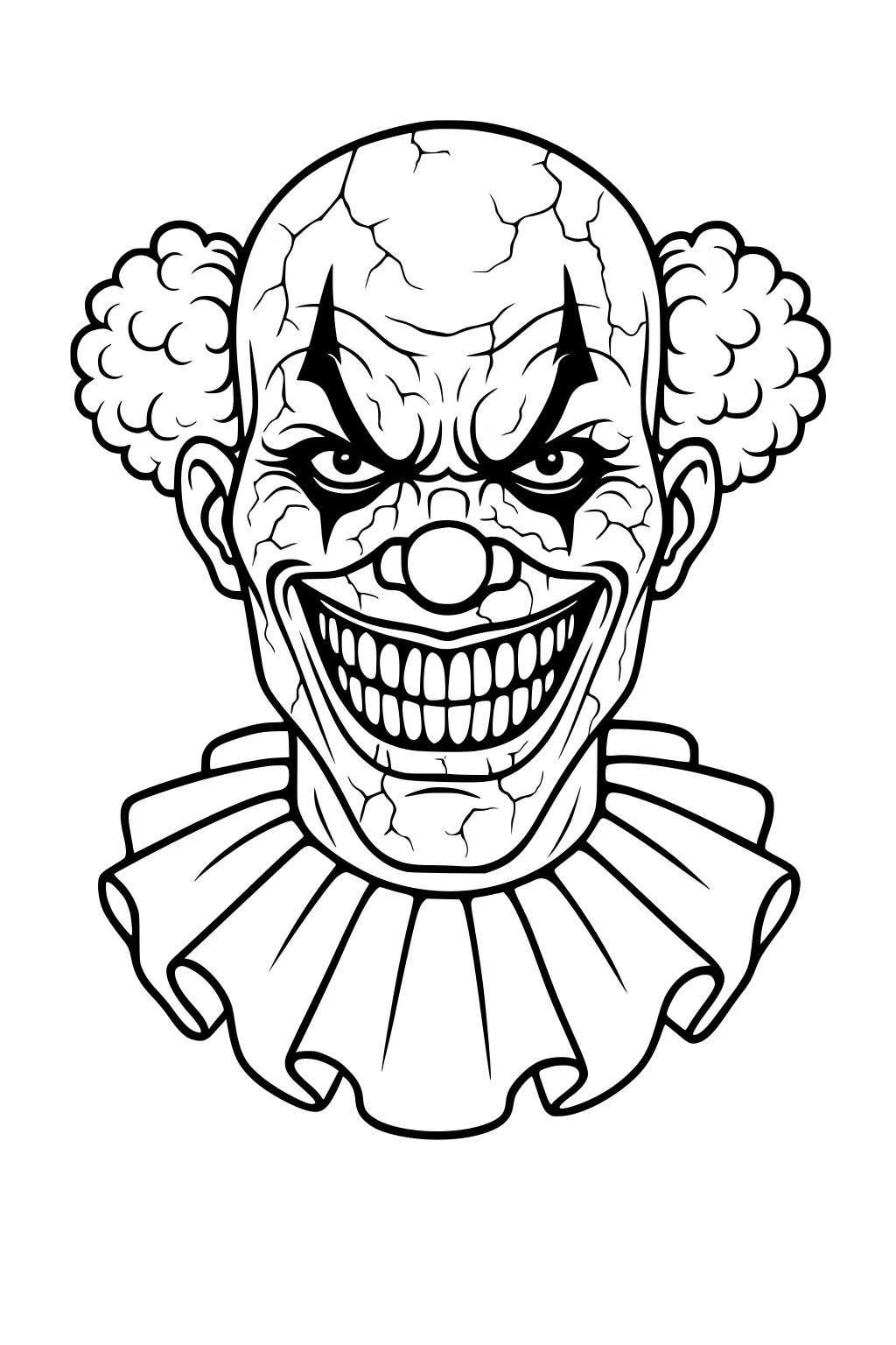 Spooky clown head with wide grin, cracked lines, dark eye makeup, round nose, puffy side hair, and a big ruffled collar.