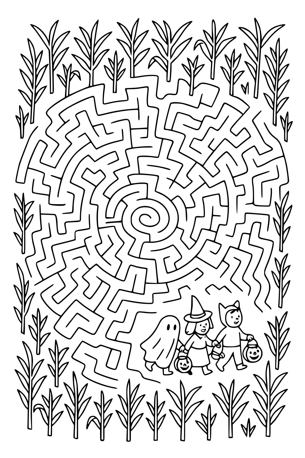 Spiral corn maze with witch girl, cat-eared boy, and small ghost holding pumpkin pails, framed by tall corn stalks.