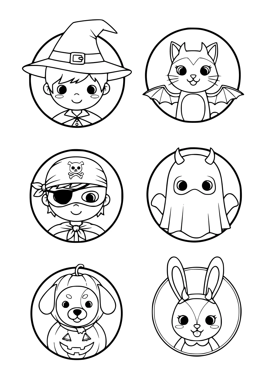 Six circle portraits: boy witch, bat-winged cat, boy pirate, horned ghost, pumpkin puppy, and bunny girl for Halloween.