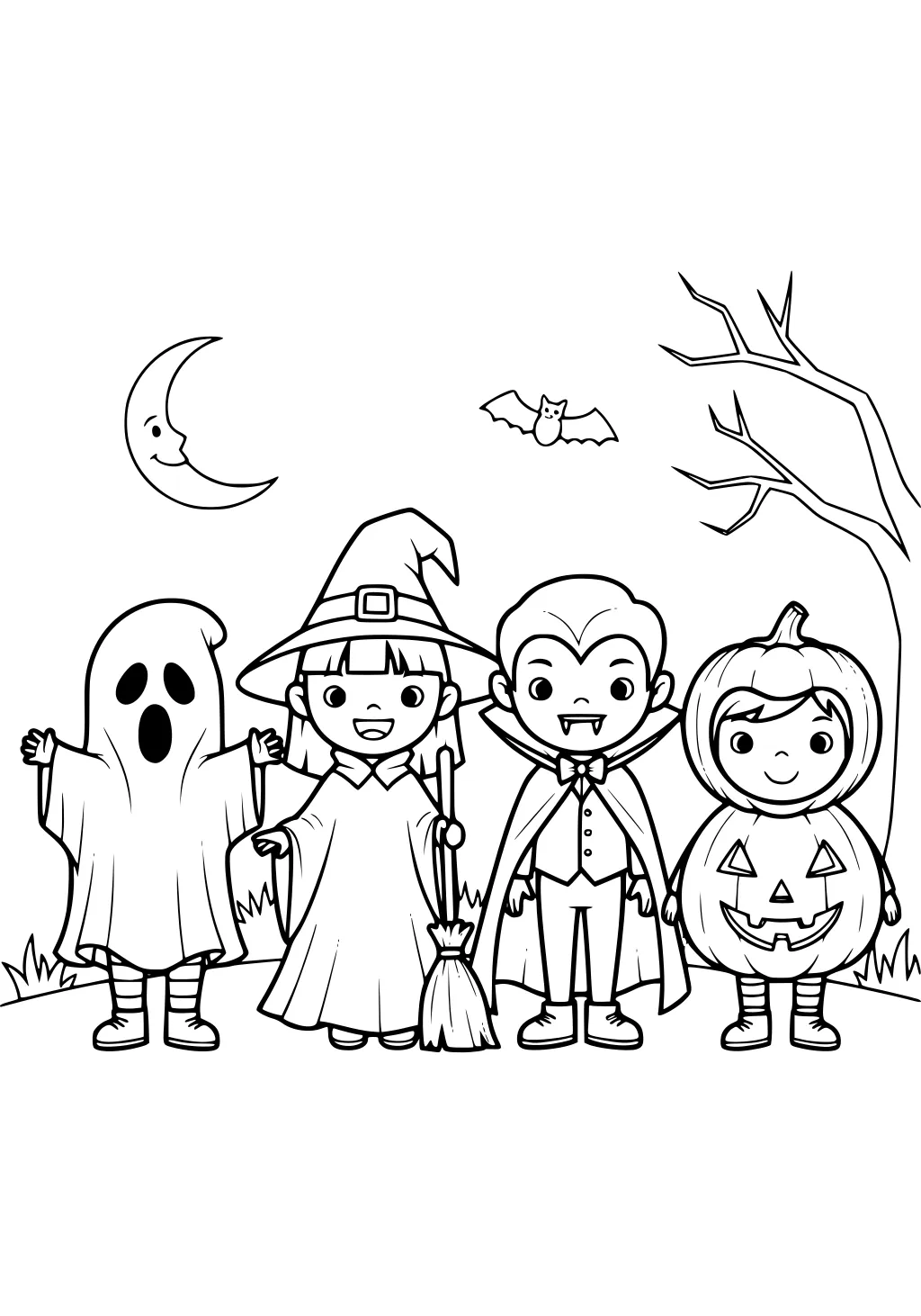 Four kids in Halloween costumes: ghost, witch with broom, vampire boy, pumpkin boy, under a crescent moon, bat, and bare tree.