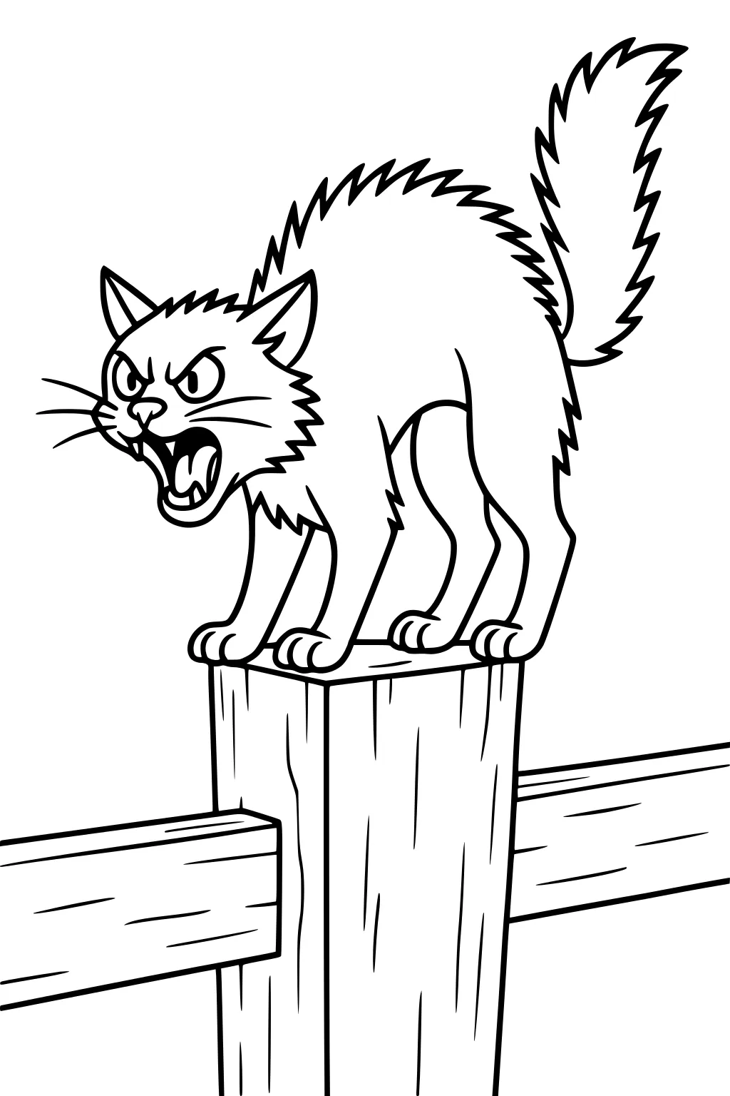 Hissing cat with arched back and puffed tail standing on a wooden fence post, cartoon outline.