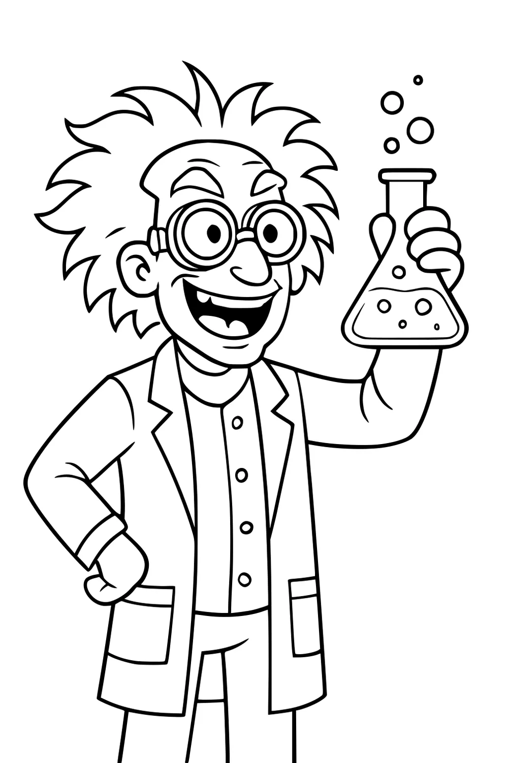 Cartoon mad scientist with wild hair and goggles holding a bubbling flask, wearing a long lab coat with pockets.