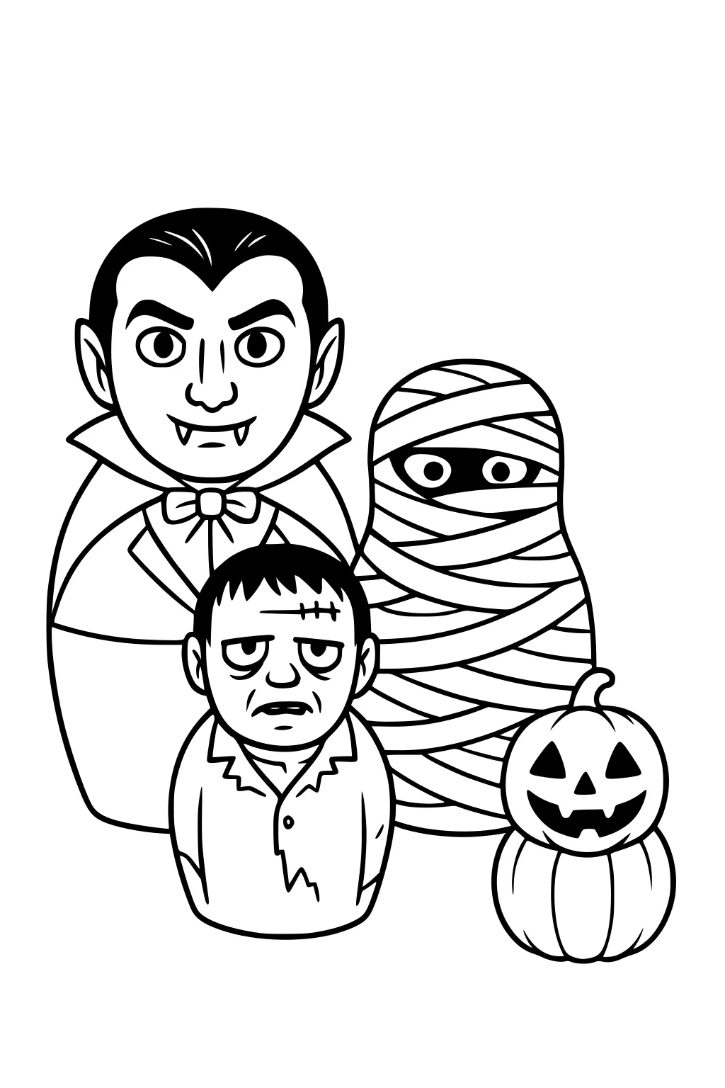 Cartoon vampire, mummy, and Frankenstein monster with a smiling jack-o-lantern pumpkin, simple outlines and big spaces for kids to color.