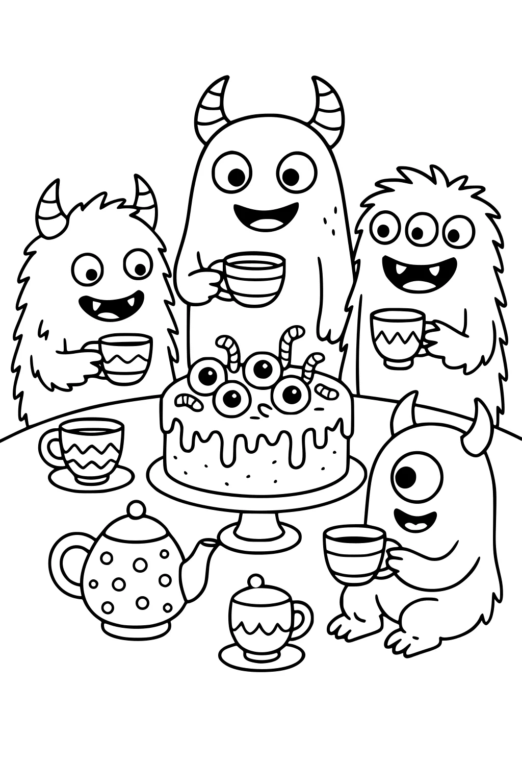 Four friendly monsters drink tea around a table with an eyeball cake, patterned teacups, and a polka-dot teapot.