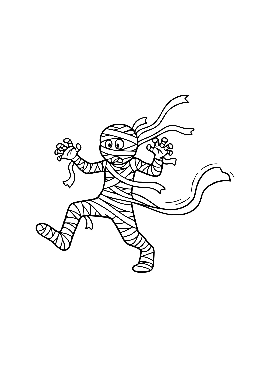 Cartoon mummy walking with arms raised, big eyes, and long trailing bandage ribbons; crisscross wraps cover the body on a blank background.
