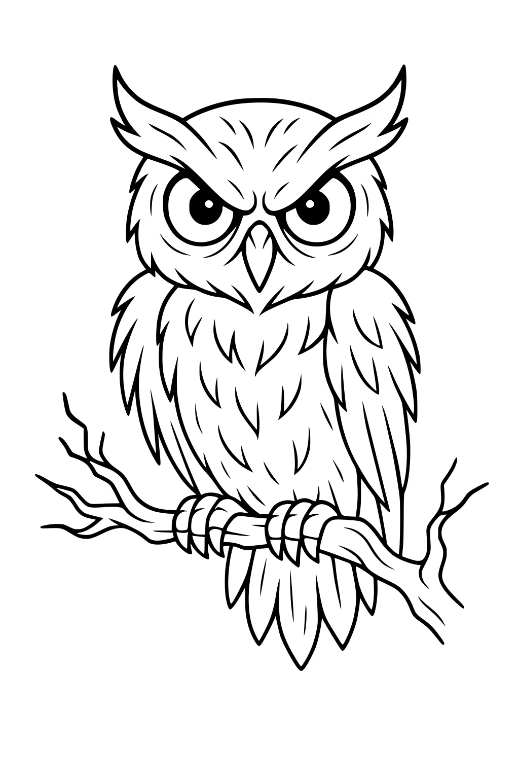 Line art owl with ear tufts on a gnarled branch, big round eyes, layered feathers, claws gripping wood, blank background.