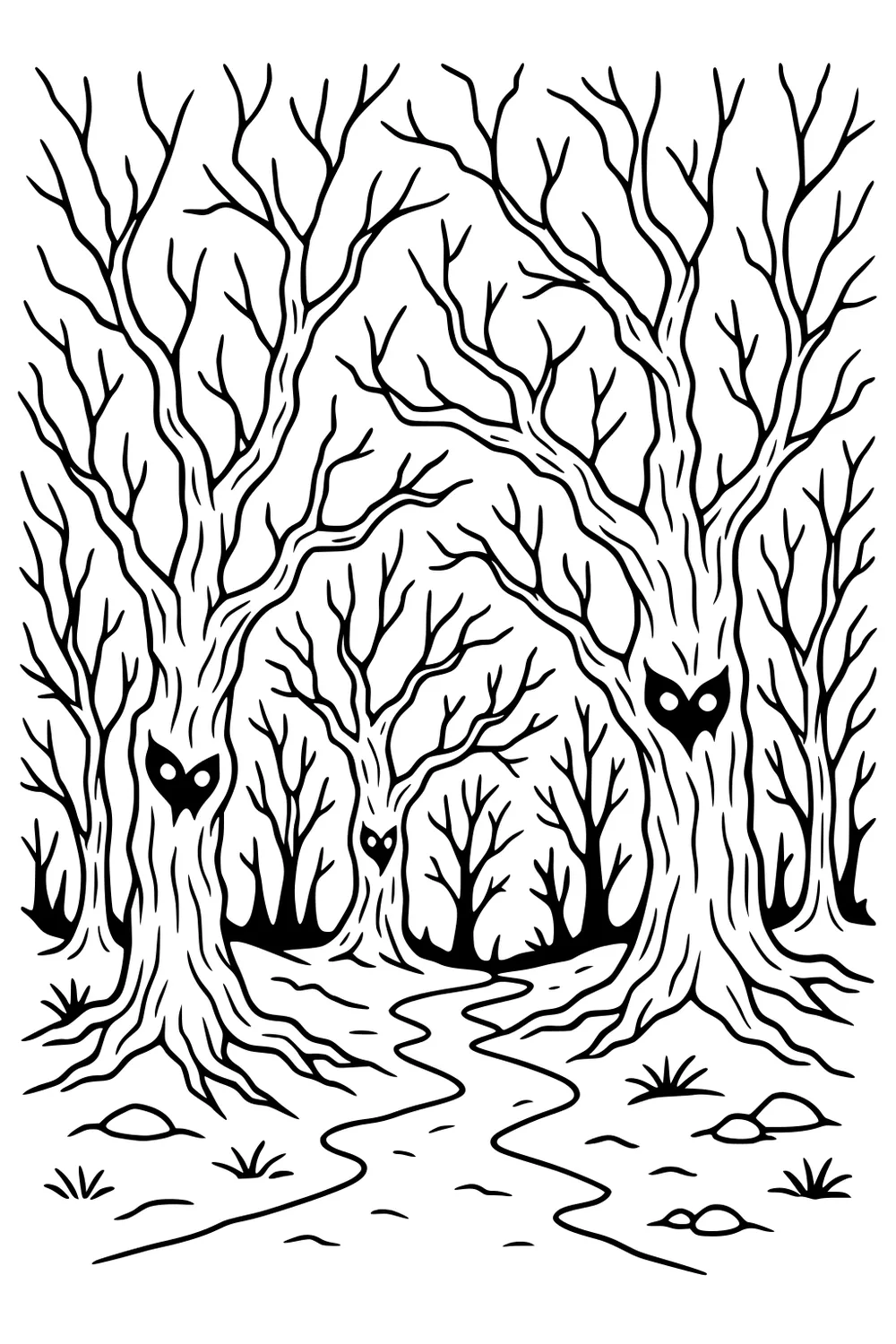 Leafless forest with owl-faced tree trunks and a winding path, with rocks, roots, and small grass tufts on the ground.