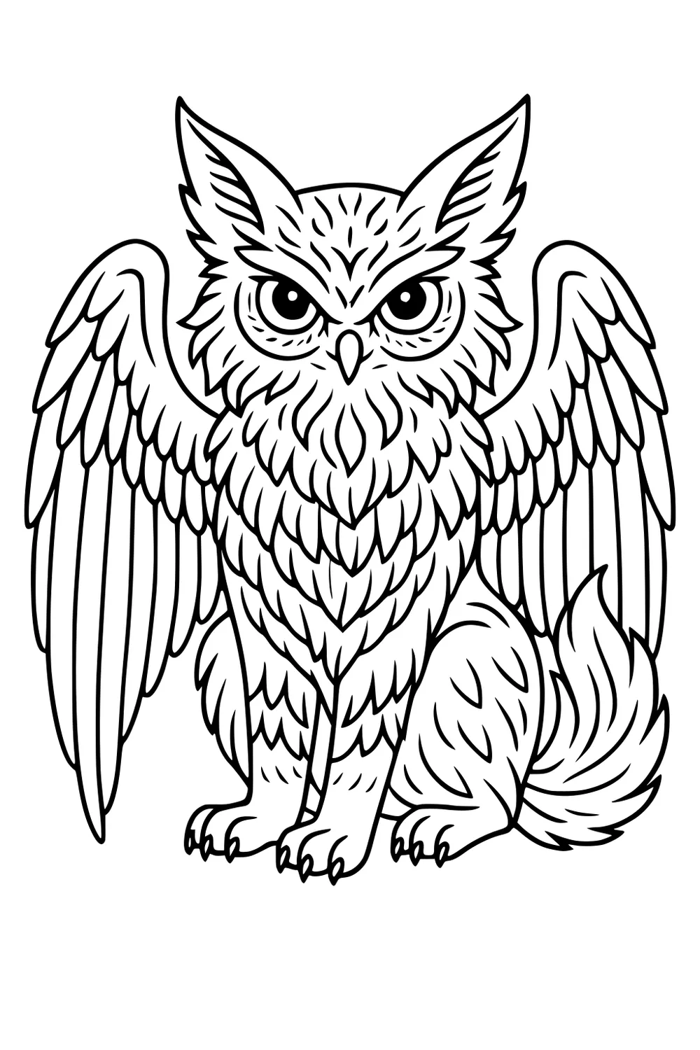 Outline of a wide-eyed owl with pointed ear tufts, spread wings, layered feathers, small paws, and a fluffy tail.
