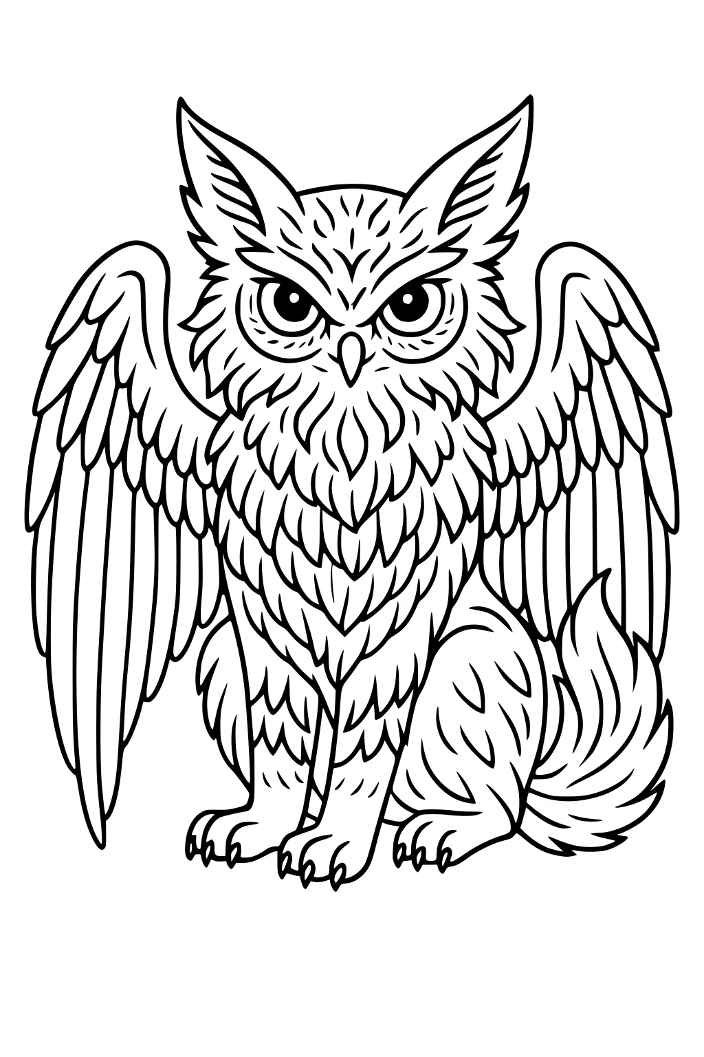Outline of a wide-eyed owl with pointed ear tufts, spread wings, layered feathers, small paws, and a fluffy tail.