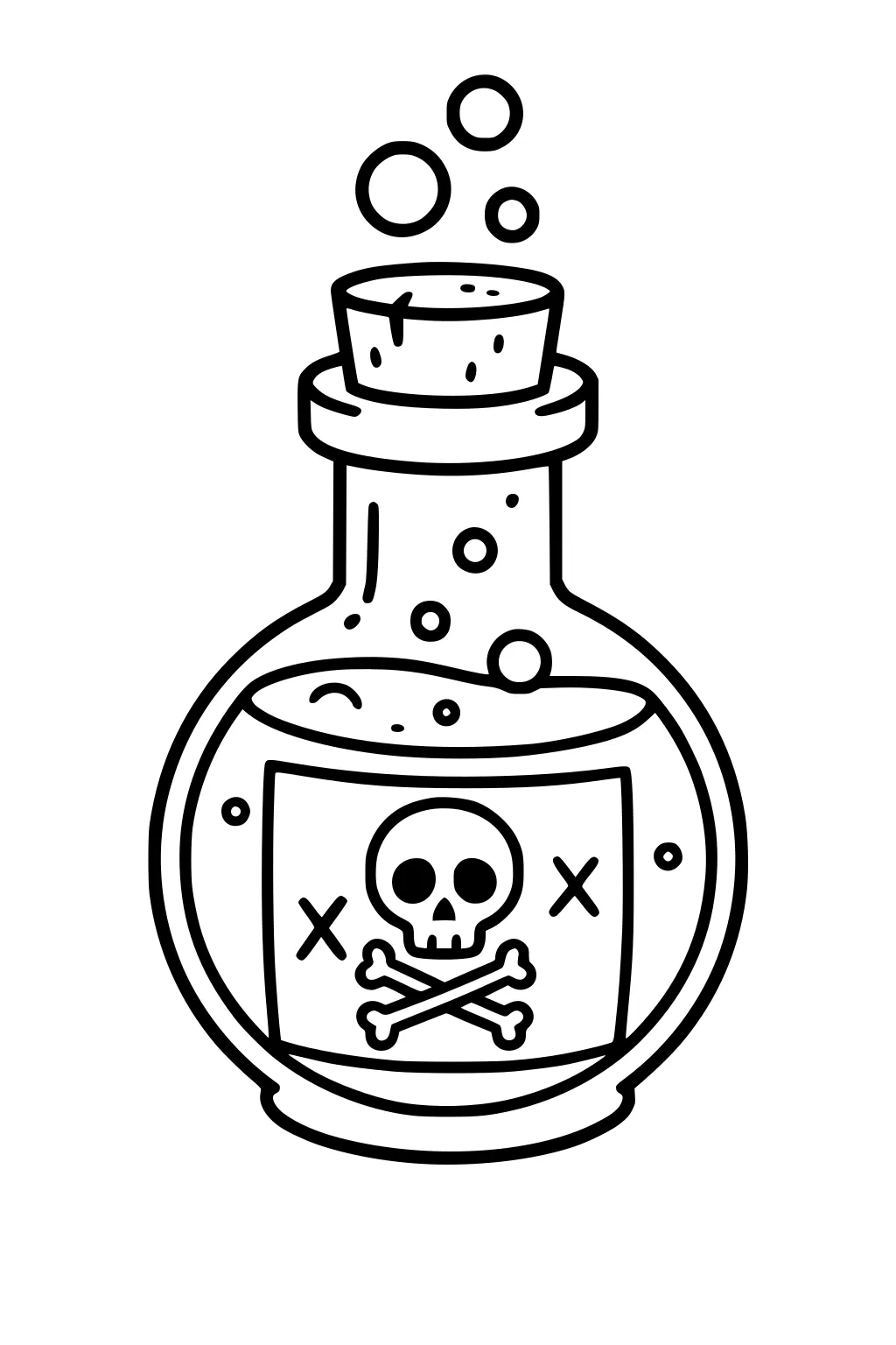 Round potion bottle with cork, bubbling liquid, and a skull-and-crossbones label, with large bubbles rising above the neck.