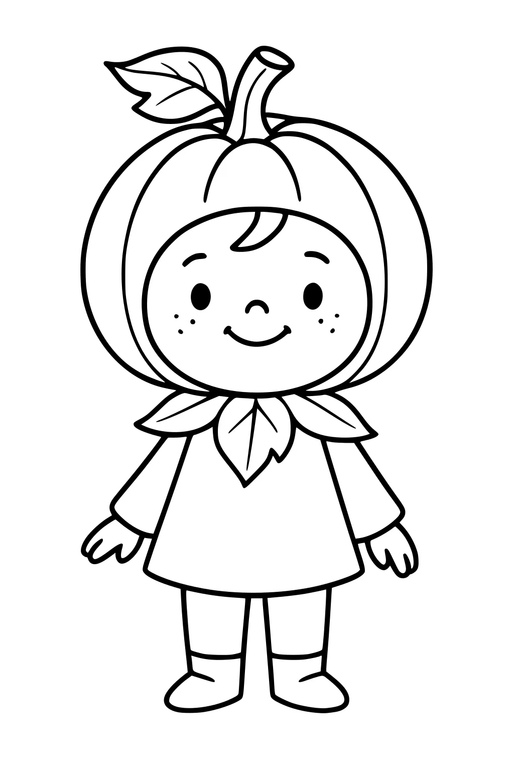 Smiling girl in pumpkin costume with stem and leaf hood, leaf collar, long sleeves, and boots, front view with bold simple lines.