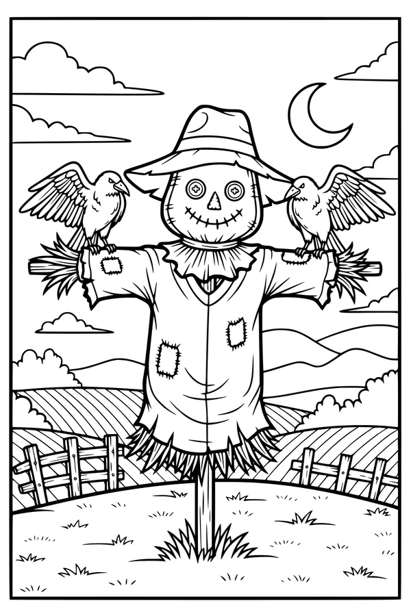 Moonlit Scarecrow and Friendly Crows