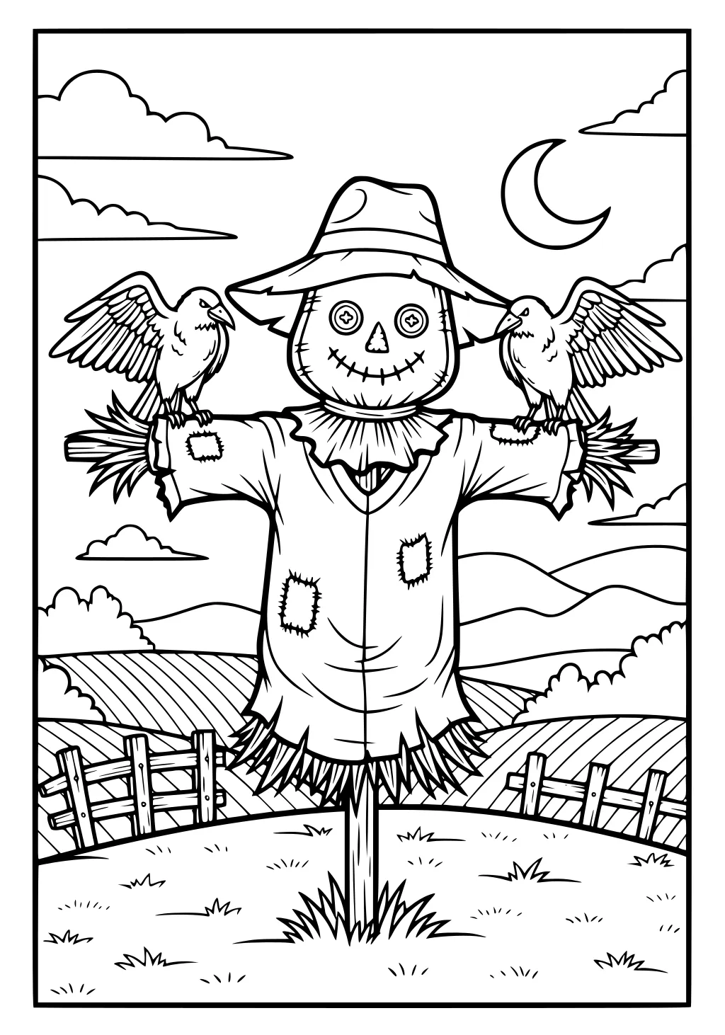 Scarecrow with button eyes and hat, two crows on sleeves, crescent moon, rolling farm fields and fence, clouds in the sky.
