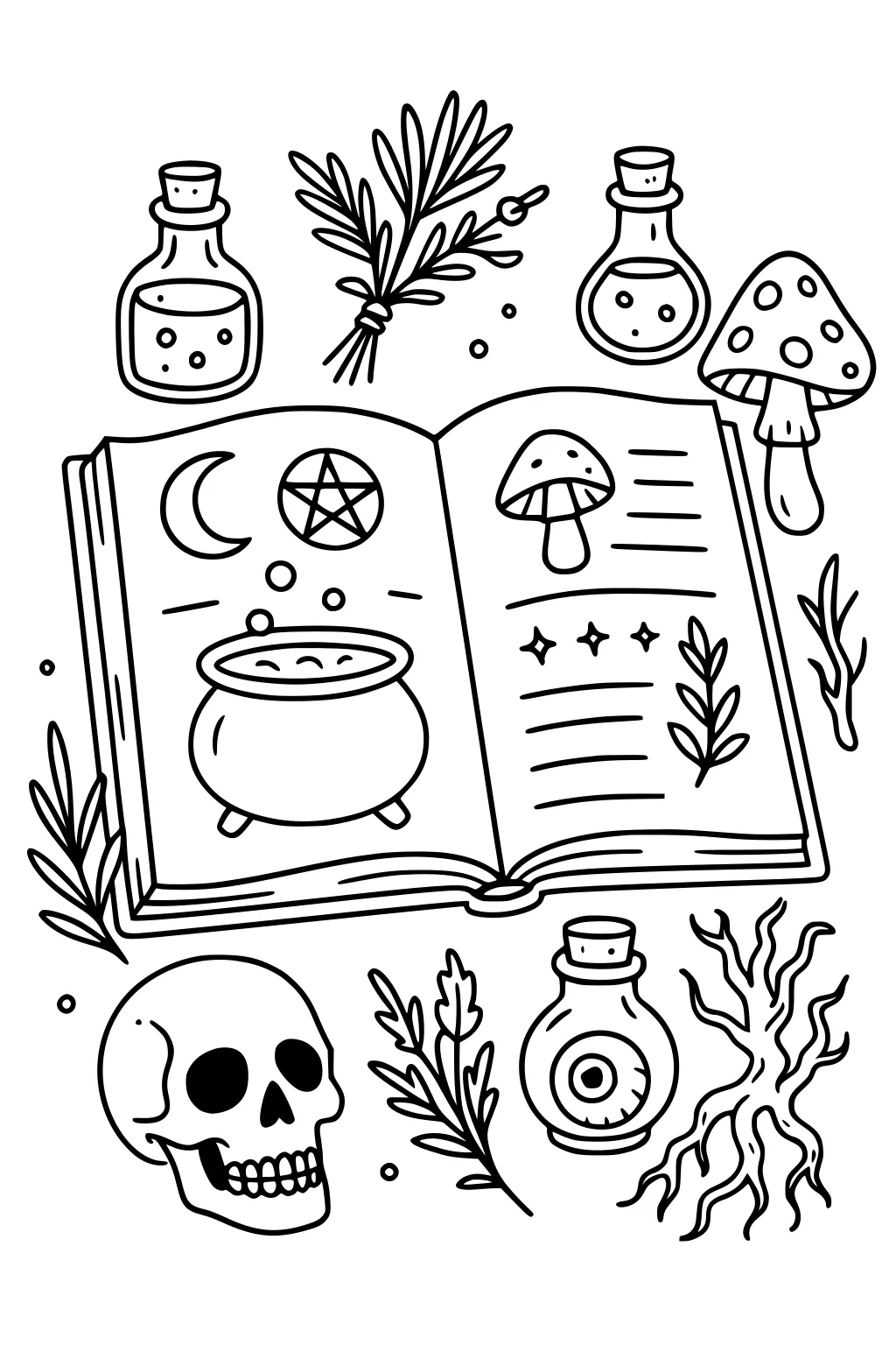 Open spellbook with cauldron, moon, pentagram, mushroom, and stars, surrounded by potion bottles, herbs, a grinning skull, an eyeball jar, and roots.